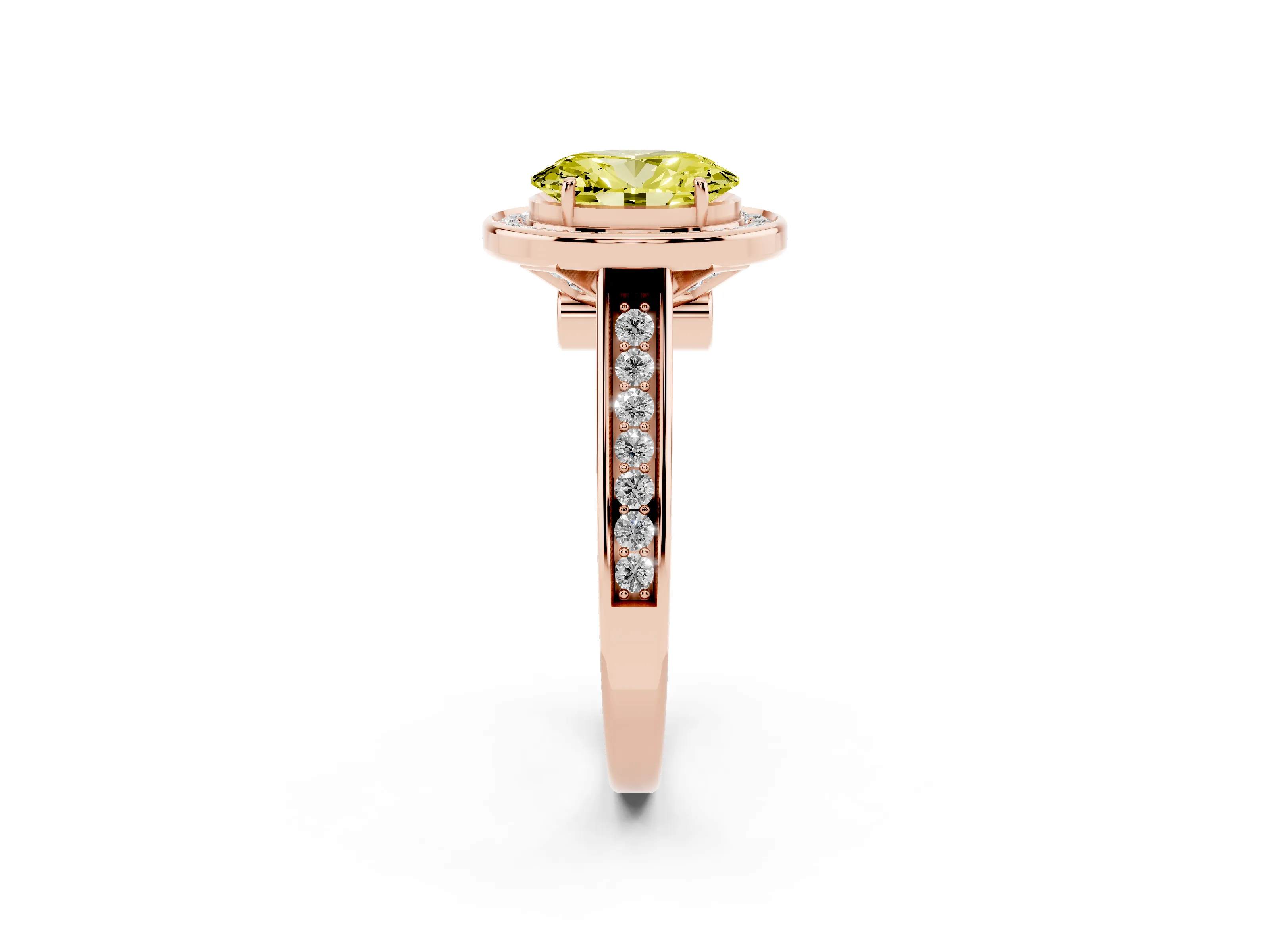 Fancy Yellow Oval Cut Diamond Halo Solitaire Ring Set in Rose gold with Pavé Band and Bezel Setting