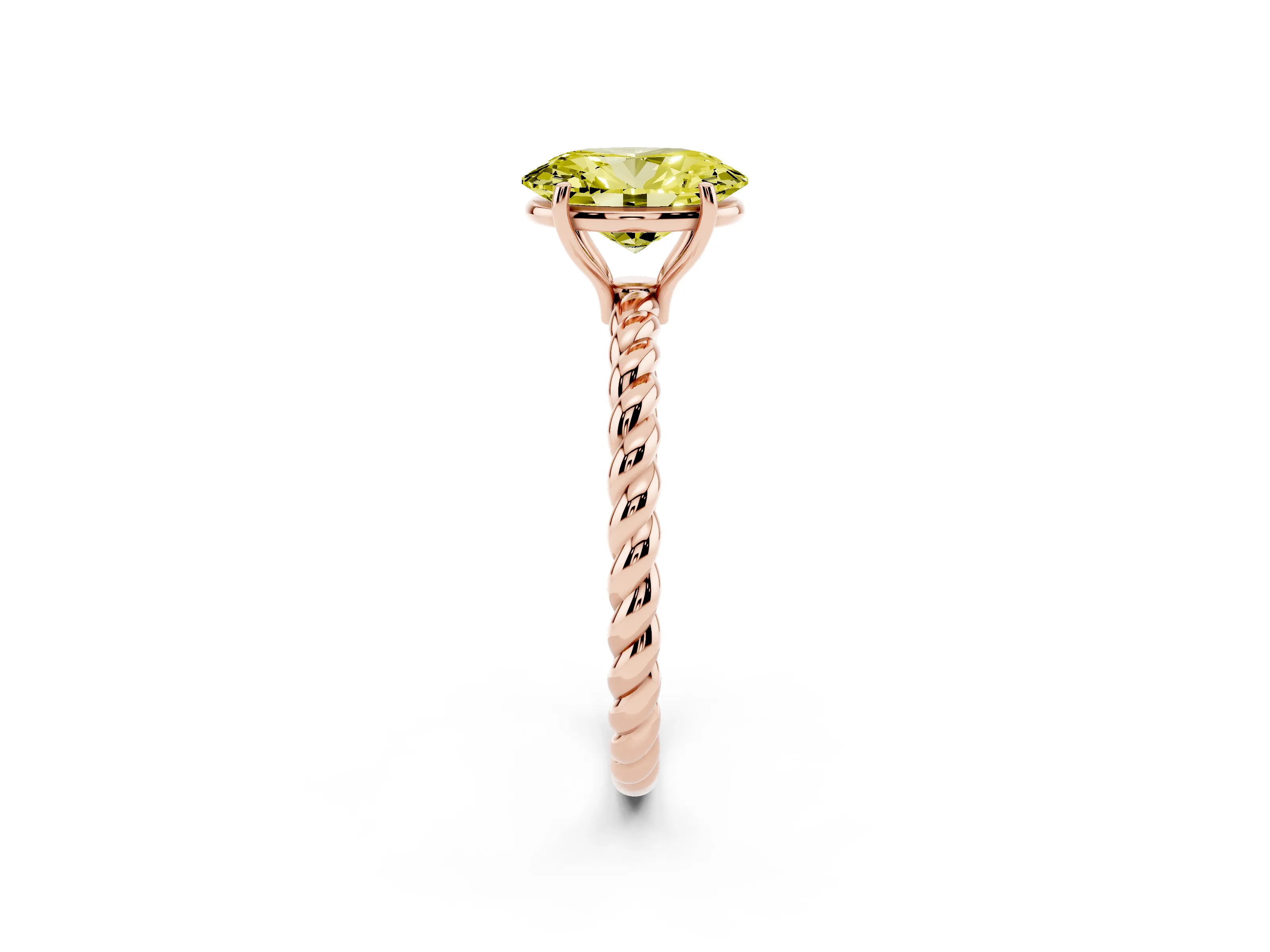 Fancy Yellow Oval Cut Diamond Solitaire Ring Set in Rose gold with Twist Band and Prong Setting