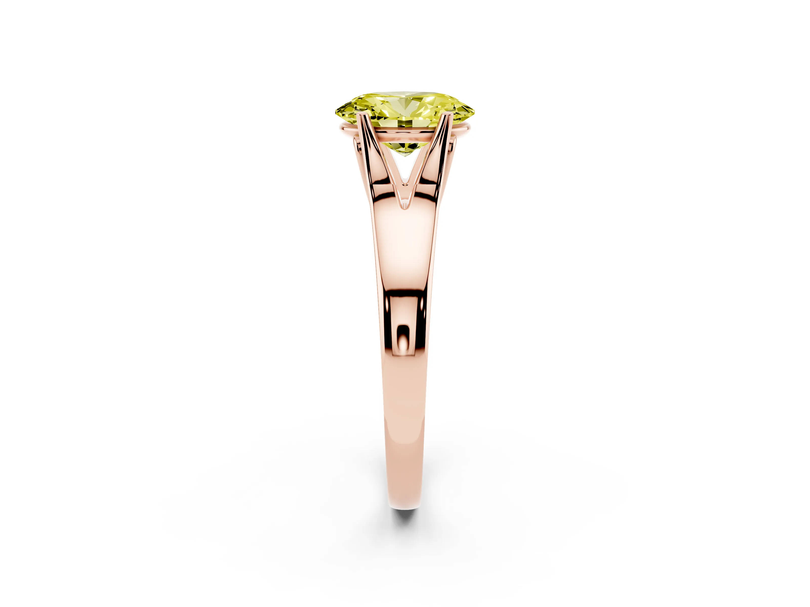 Fancy Yellow Oval Cut Diamond Solitaire Ring Set in Rose gold with Arched Cathedral Band and Prong Setting