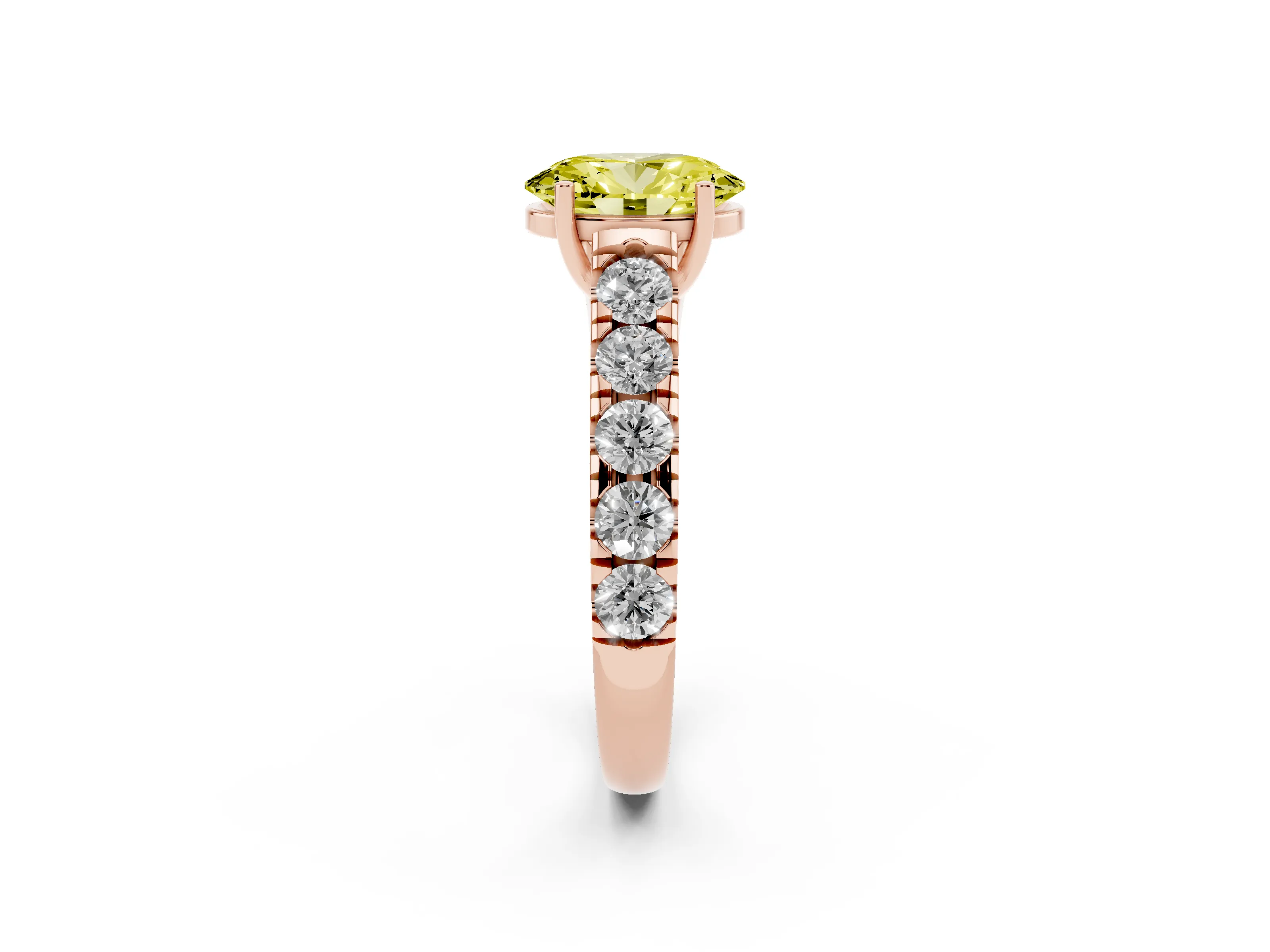 Fancy Yellow Oval Cut Diamond Solitaire Ring Set in Rose gold with Cut-Down Micro Pavé Band and Prong Setting