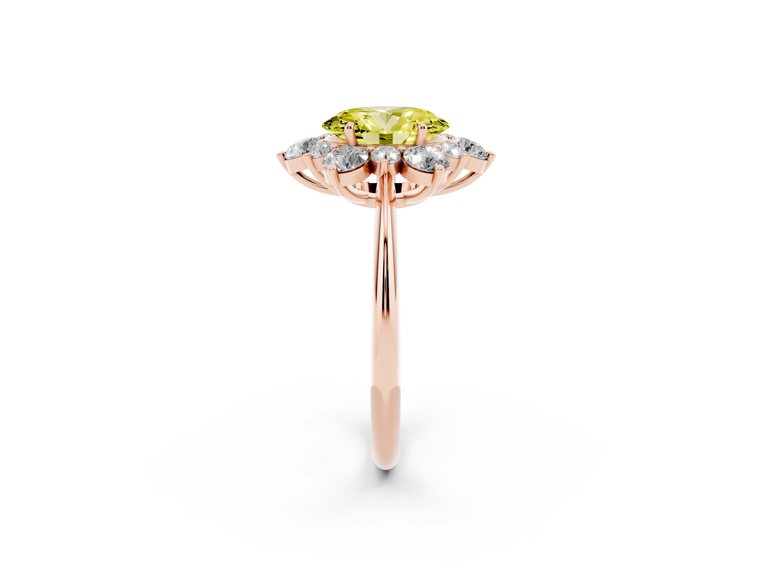 Fancy Yellow Oval Cut Diamond Cluster Halo Ring Set in Rose gold with Solitaire Band and Prong Setting