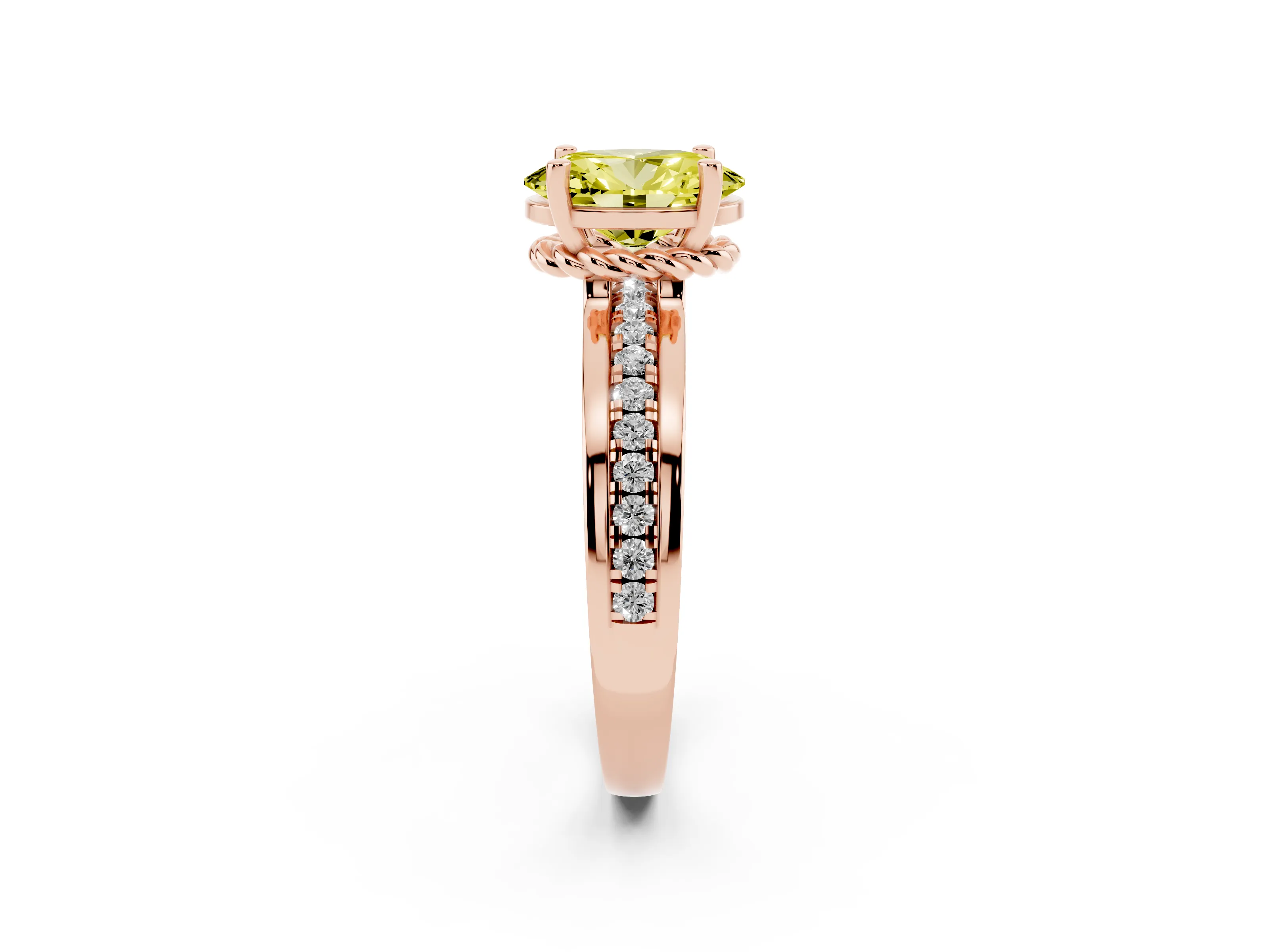 Fancy Yellow Oval Cut Diamond Solitaire Ring Set in Rose gold with Channel Set Band and Prong Setting