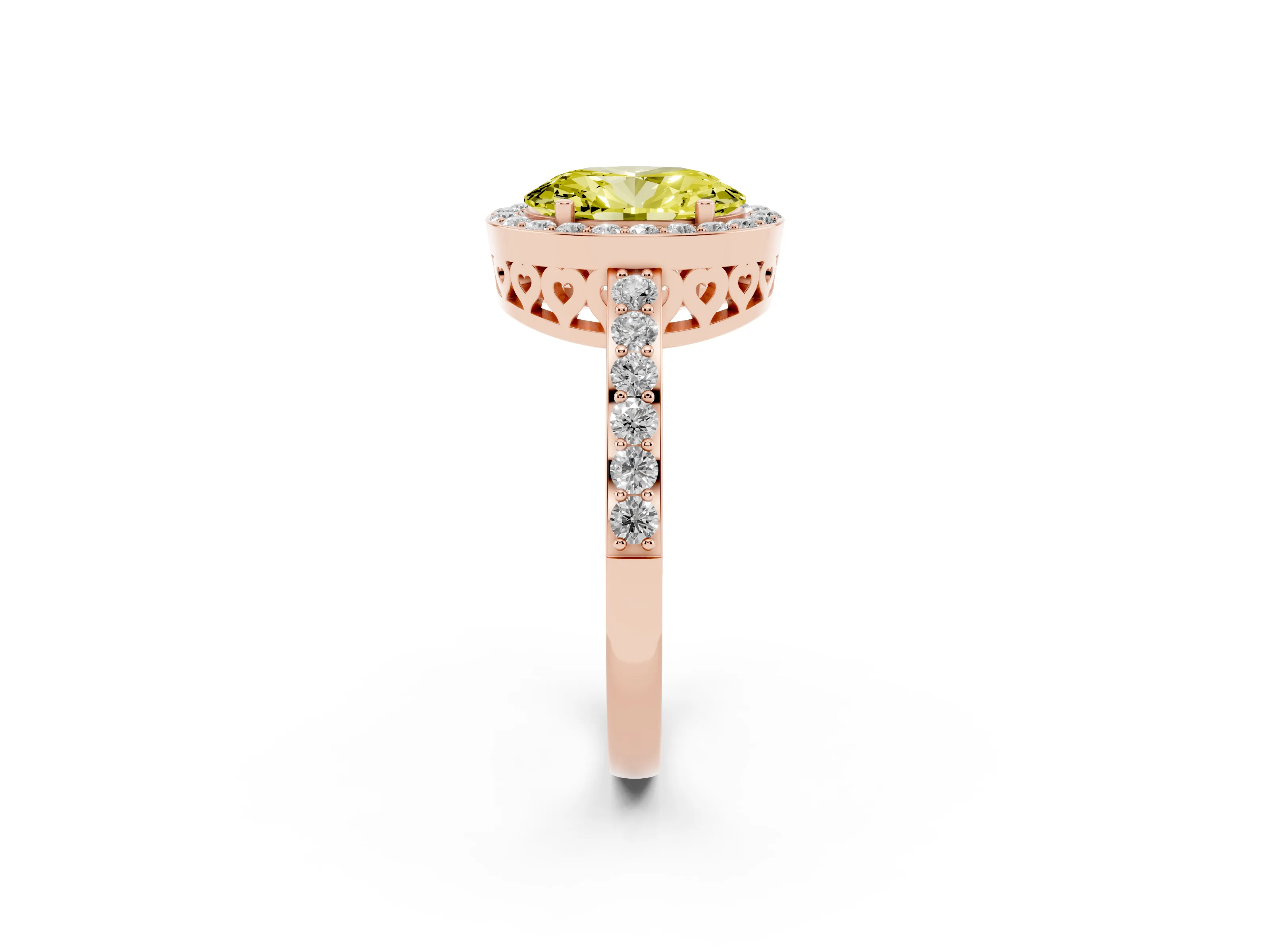 Fancy Yellow Oval Cut Diamond Halo Ring Set in Rose gold with Pavé-Setting Band and Open Prong Center
