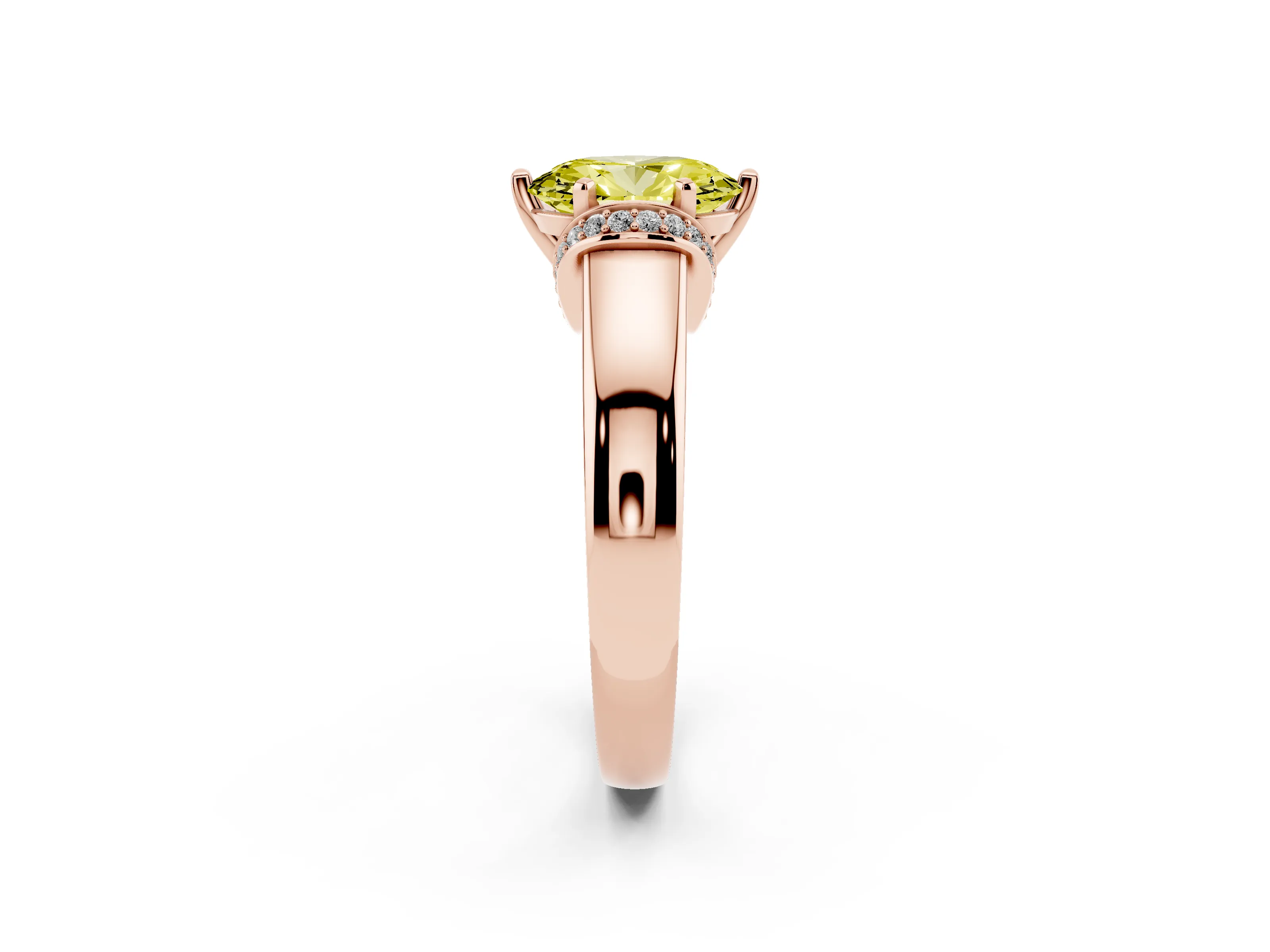 Fancy Yellow Oval Cut Diamond Pavé Band Solitaire Ring Set in Rose gold with Prong Setting