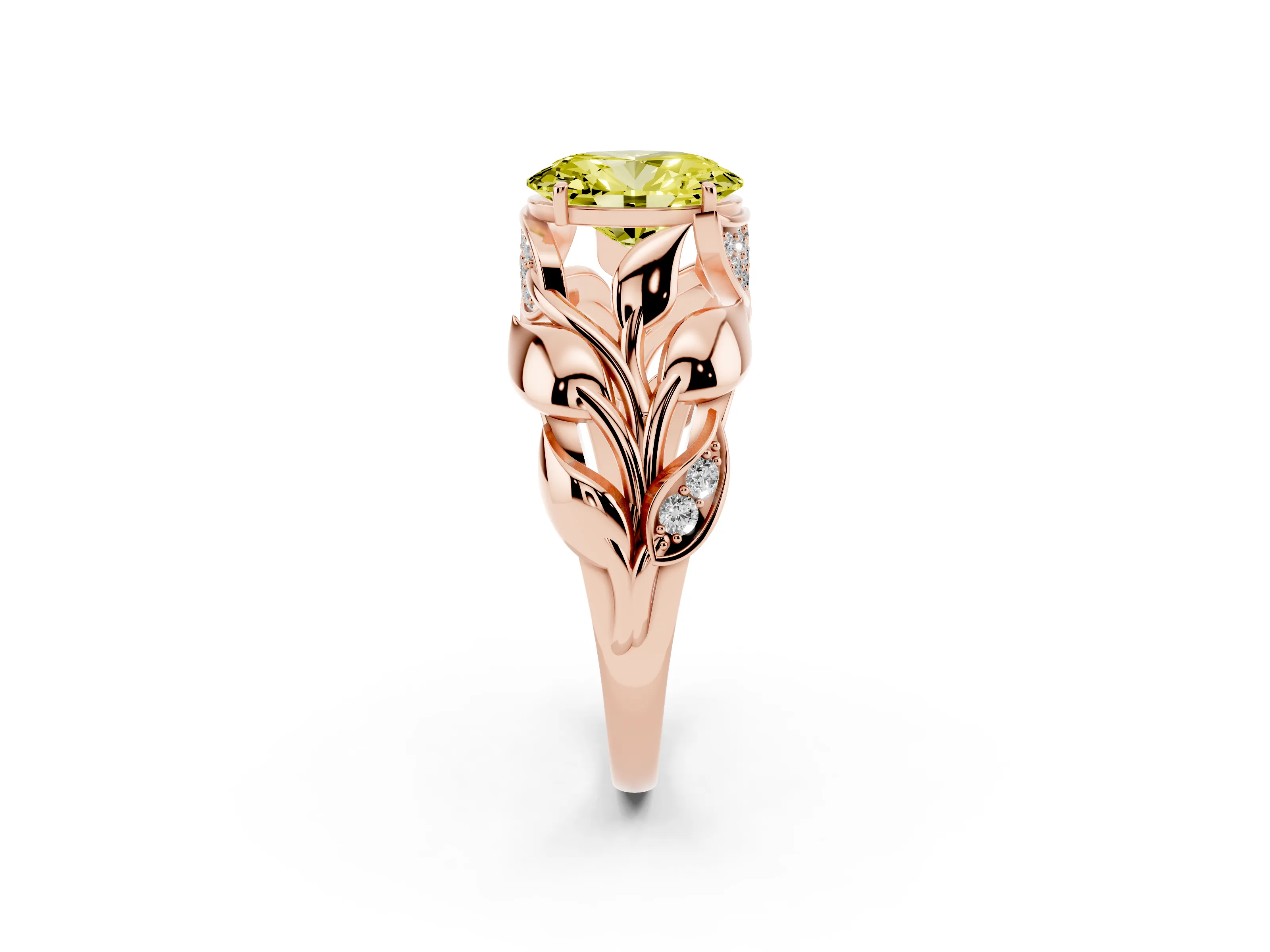Fancy Yellow Oval Cut Diamond Leaf-Inspired Engagement Ring Set in Rose gold with Round Accents