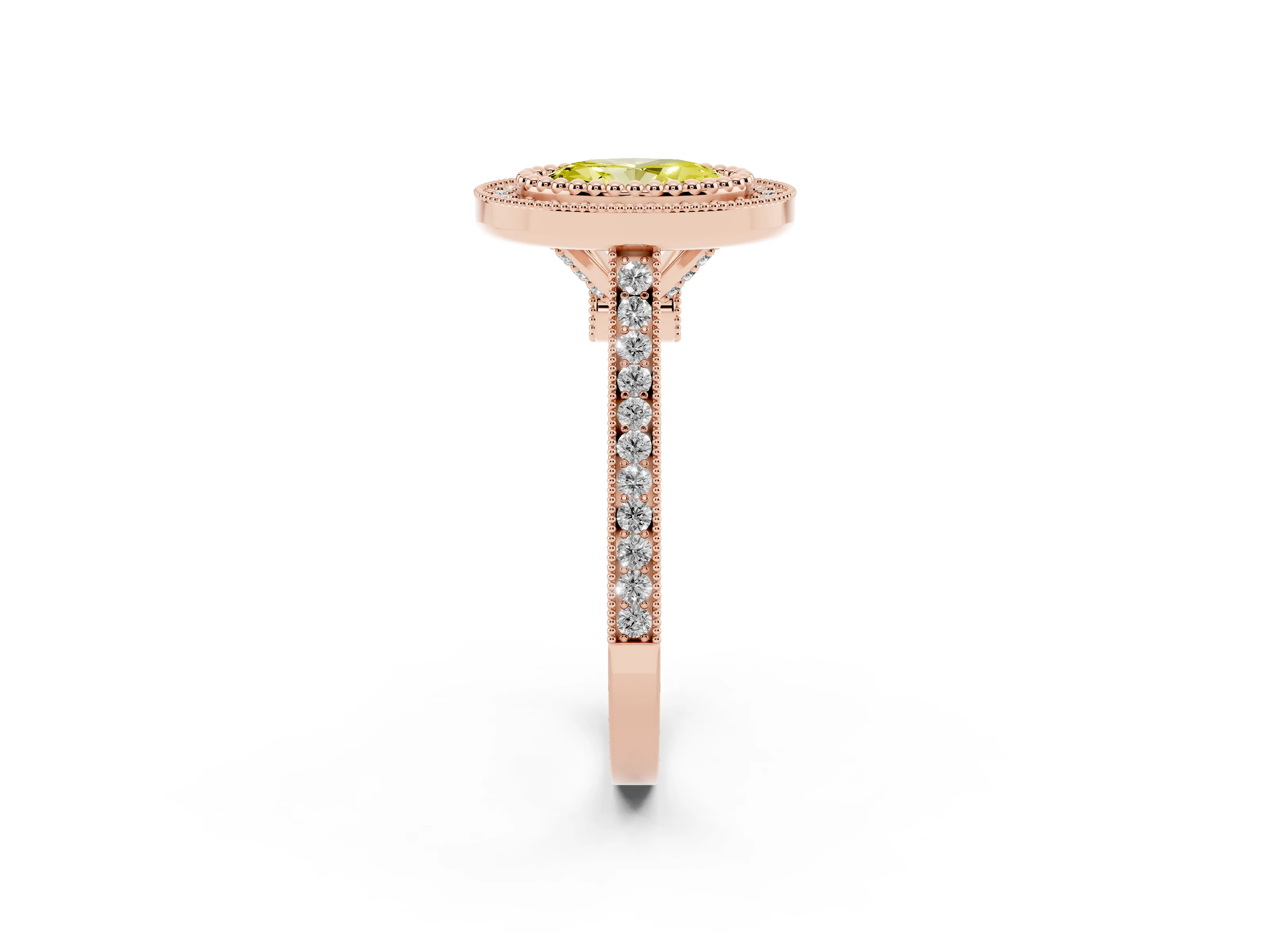 Fancy Yellow Oval Cut Diamond Halo Ring Set in Rose gold with Milgrain Frame and Pavé Band