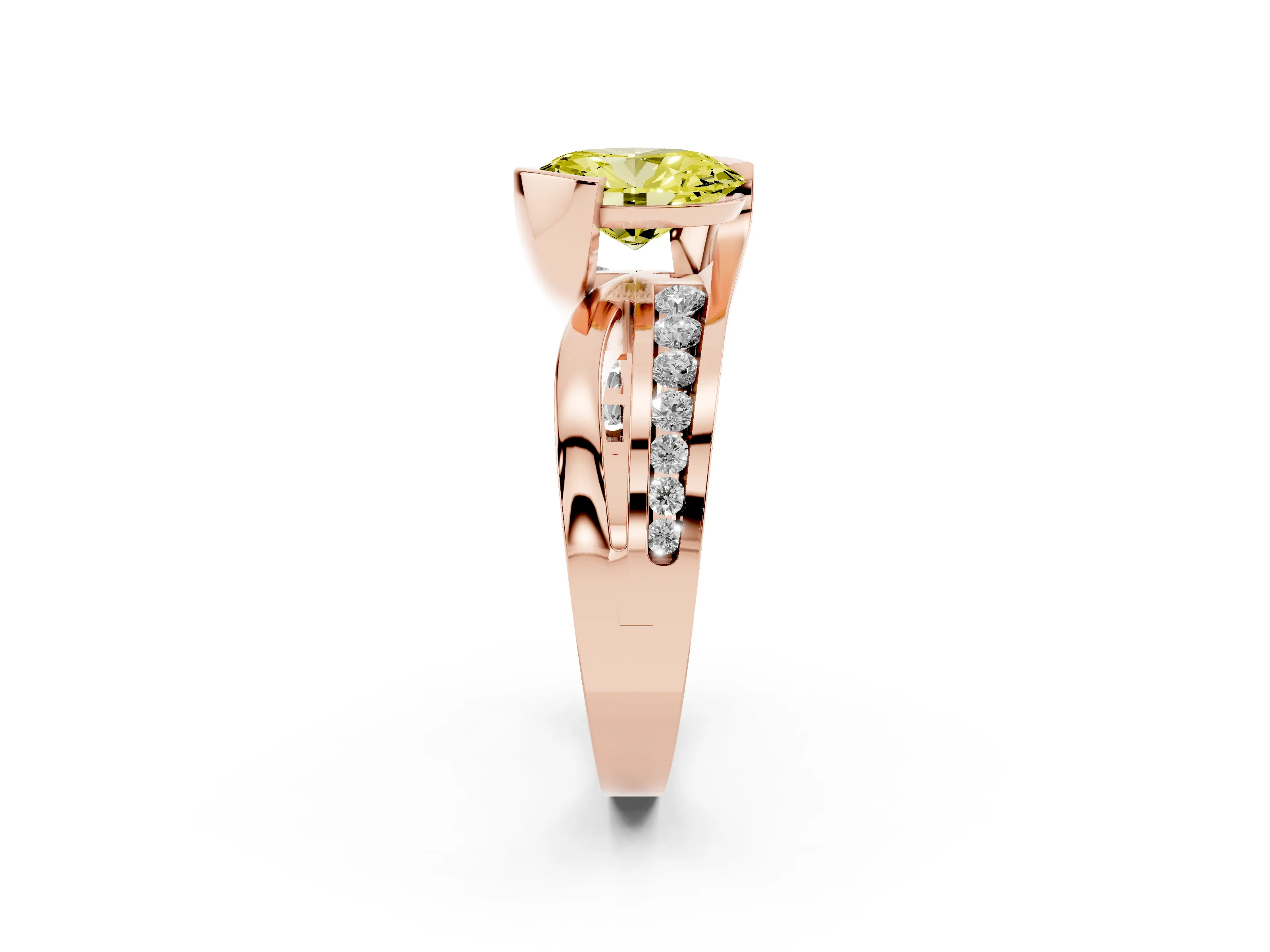 Fancy Yellow Oval Cut Diamond Solitaire Ring Set in Rose gold with Channel Set Split Shank and Tension Prongs