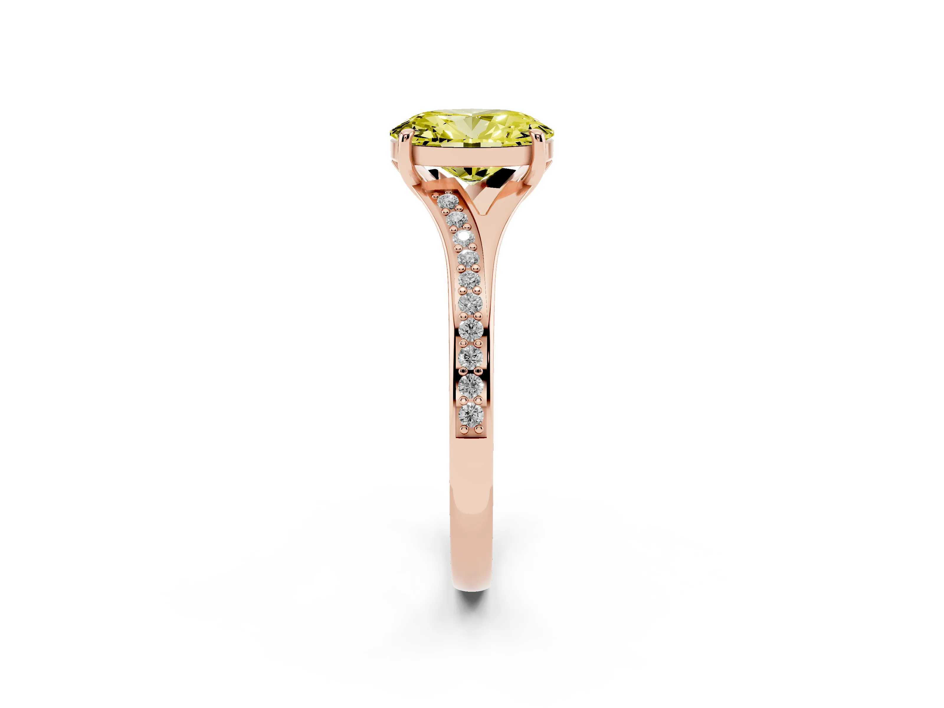 Fancy Yellow Oval Cut Diamond Solitaire Ring Set in Rose gold with Pavé Accent Band and Classic Prong Setting