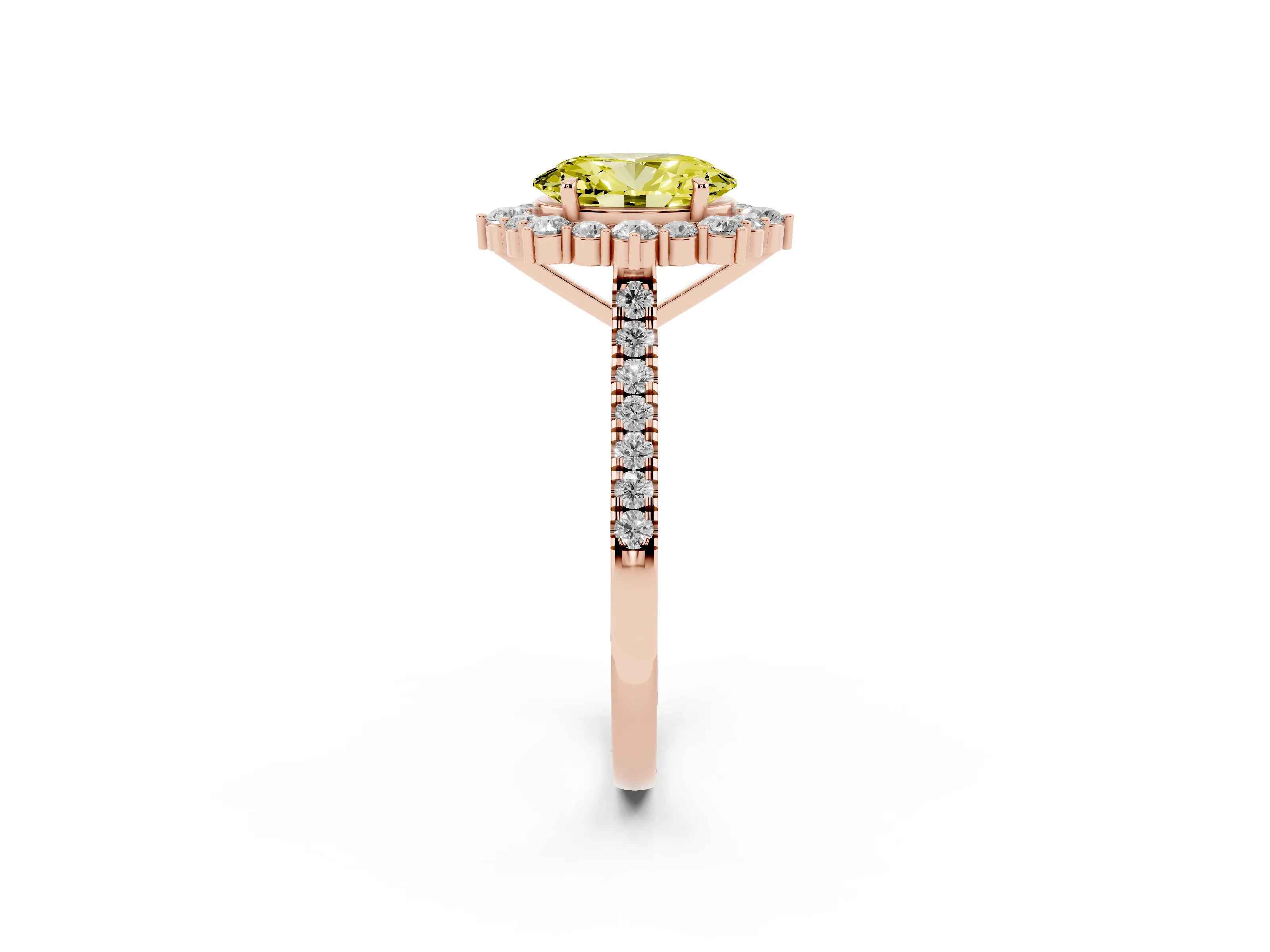 Fancy Yellow Oval Cut Diamond Halo Ring Set in Rose gold with Pavé Band and Prong Setting