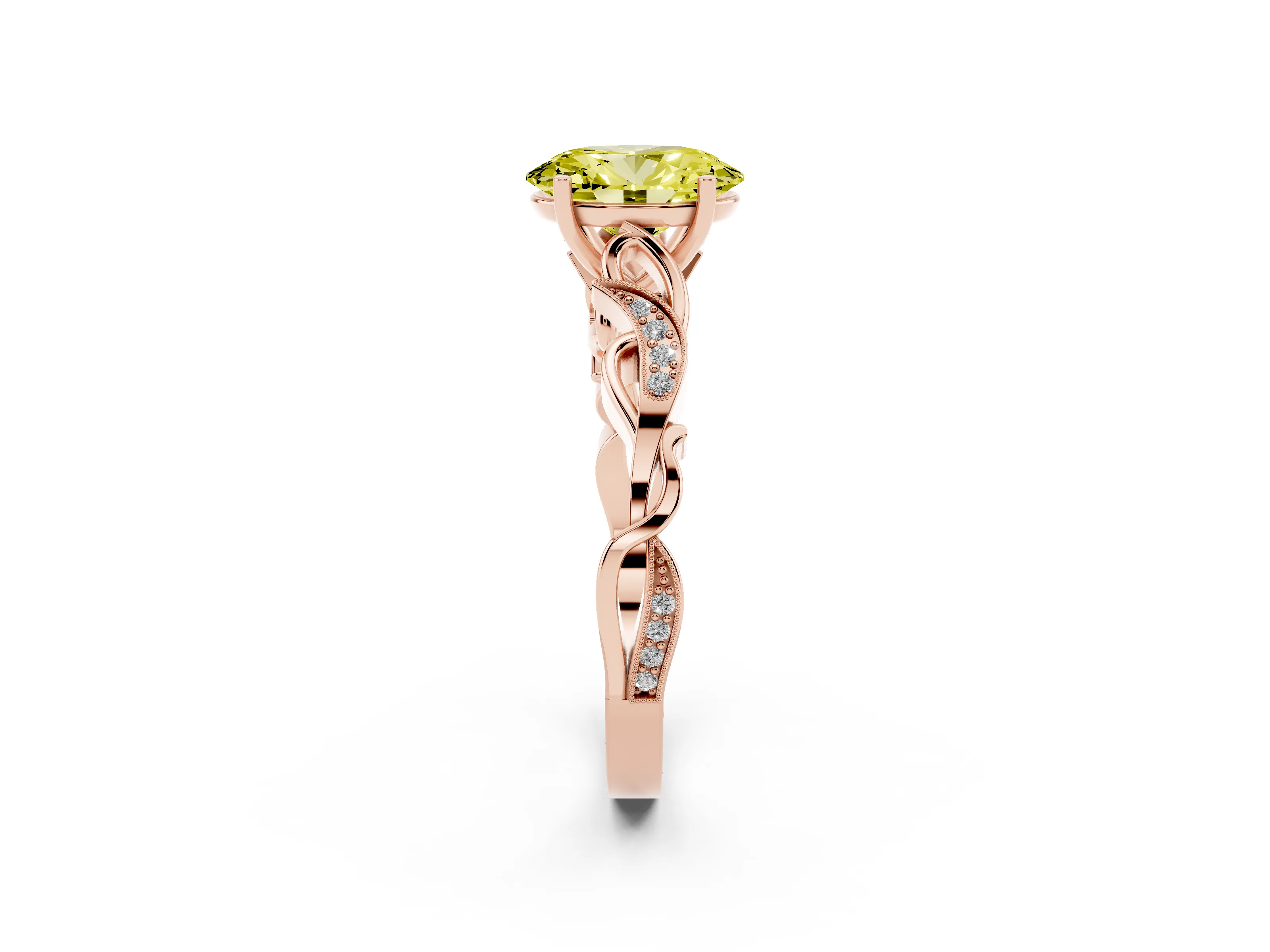 Fancy Yellow Oval Cut Diamond Vine Band Solitaire Ring Set in Rose gold with Milgrain Prong Setting
