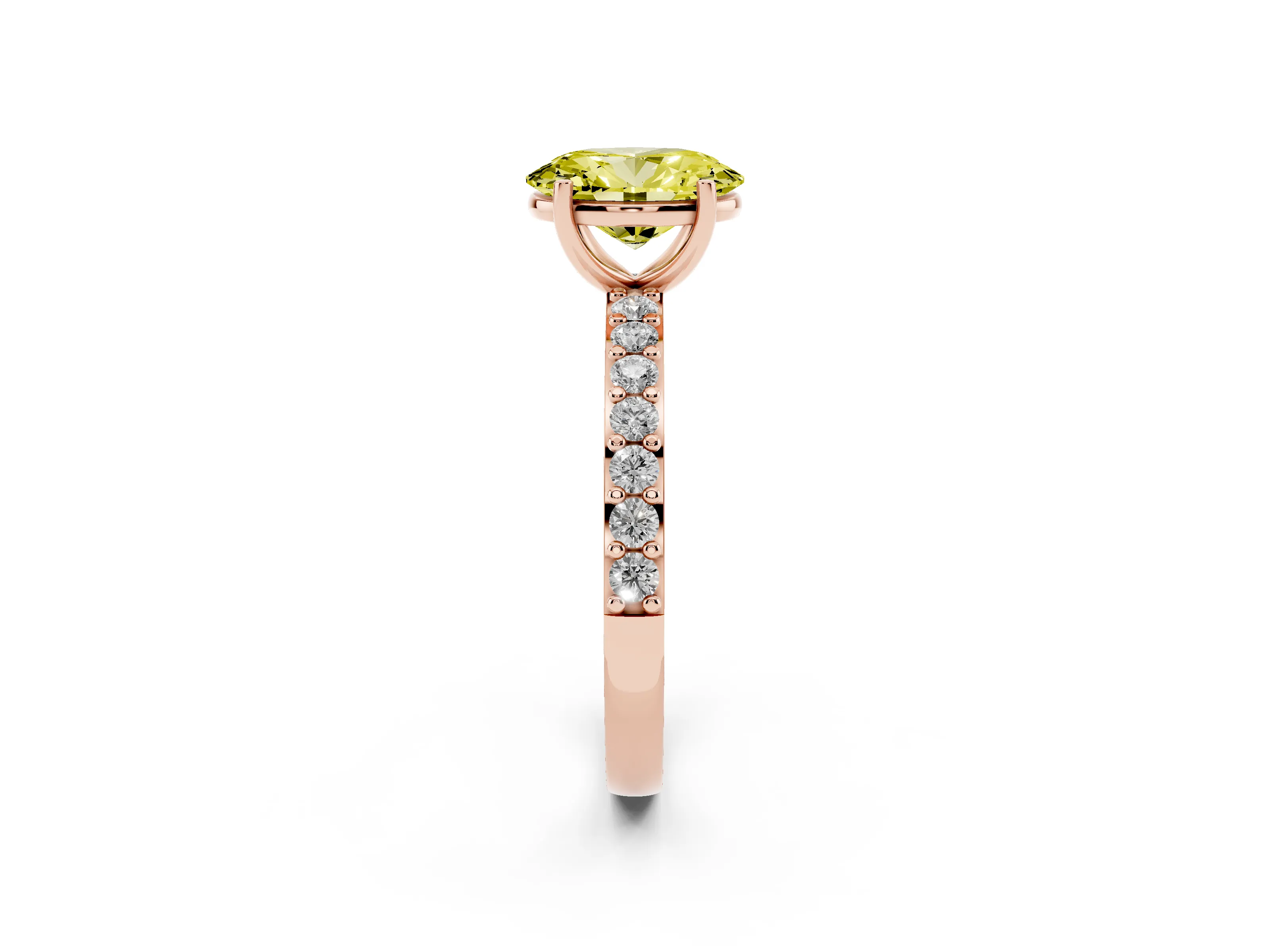 Fancy Yellow Oval Cut Diamond Solitaire Set in Rose gold with Round Pavé Band and Prong Setting