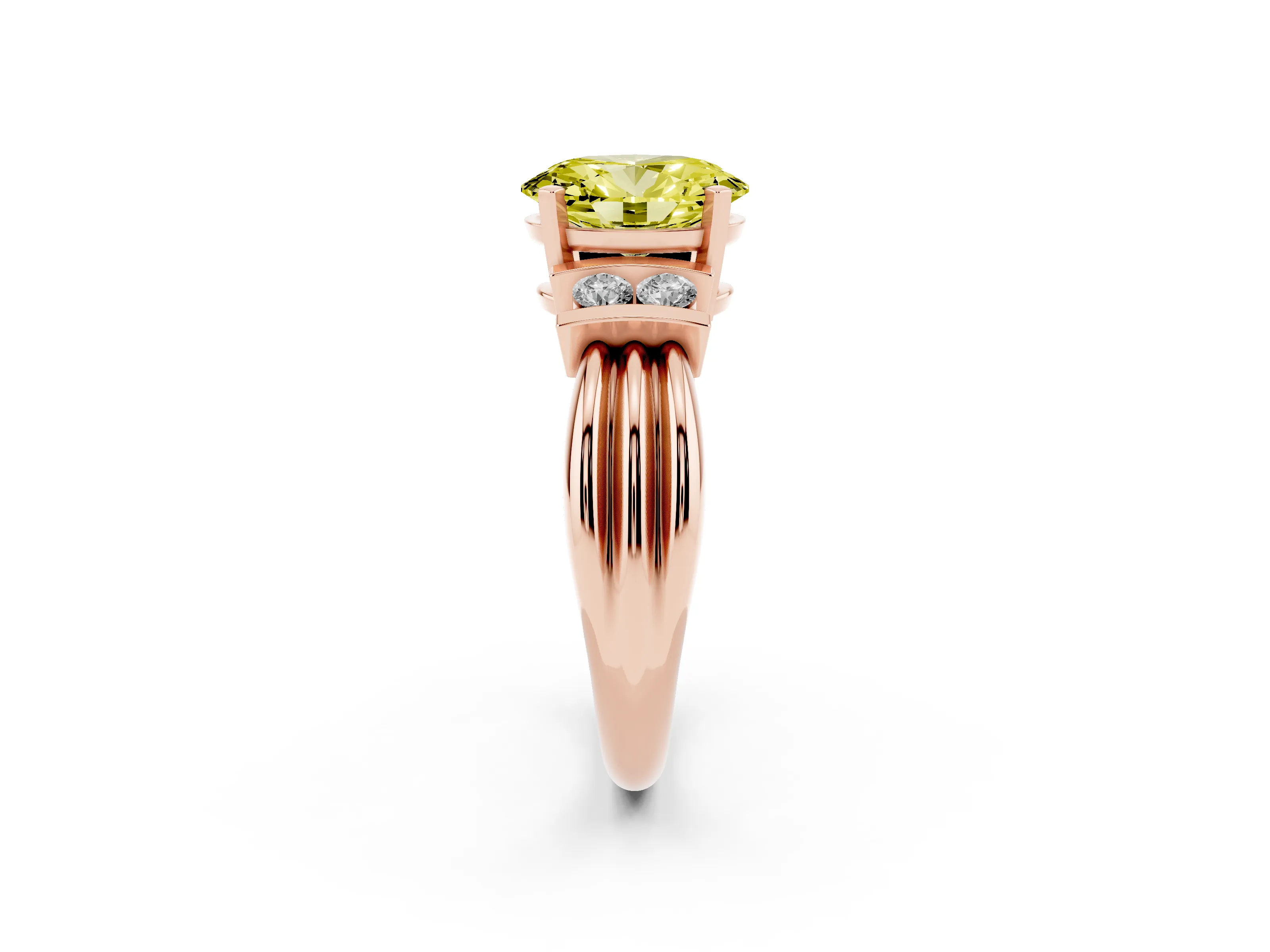 Fancy Yellow Three-Stone Oval Cut Diamond Channel Set Ring Set in Rose gold with Bar Prongs
