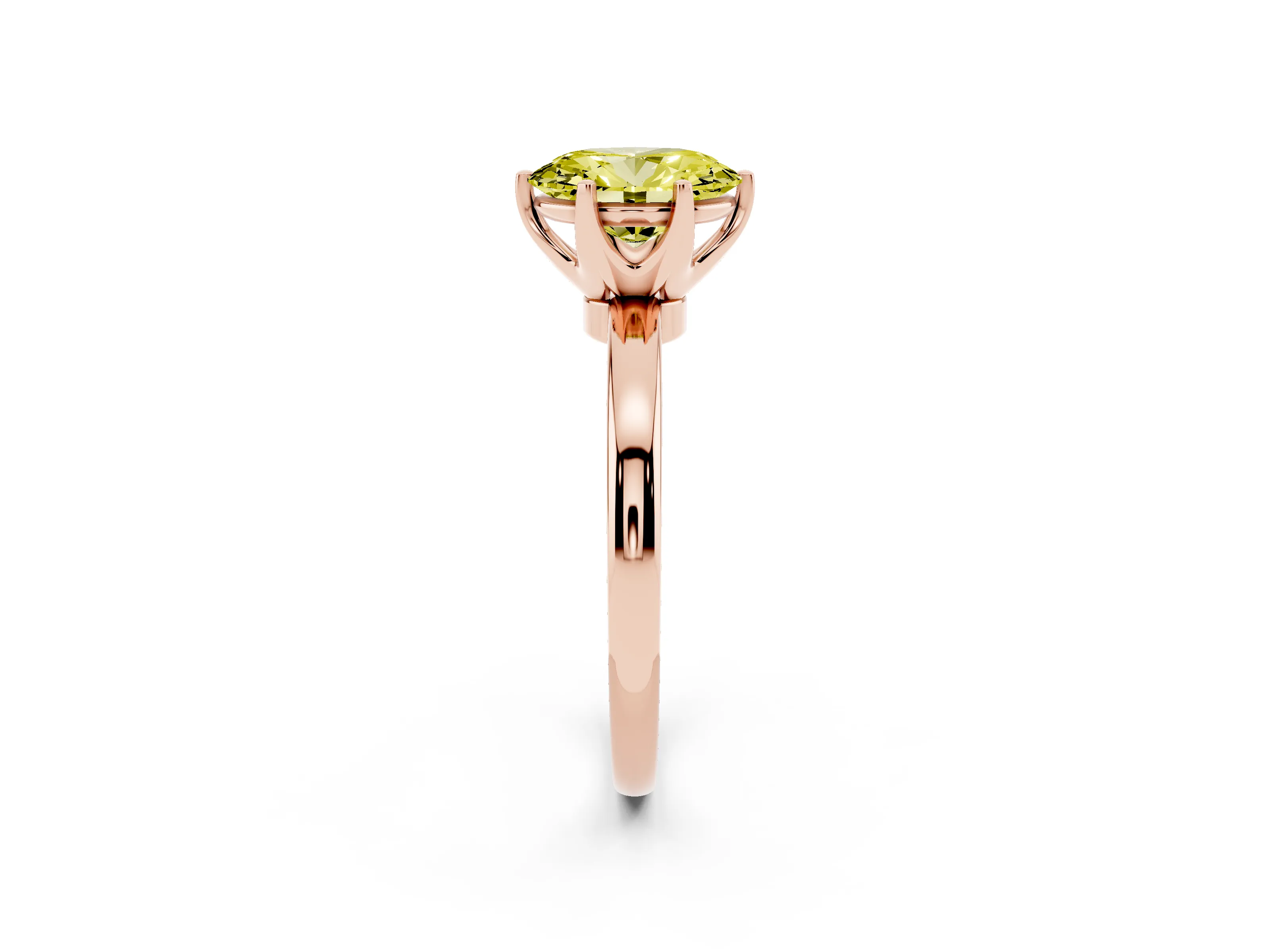 Fancy Yellow Oval Cut Diamond Solitaire Ring Set in Rose gold with Raised Prong Setting on a Classic Band