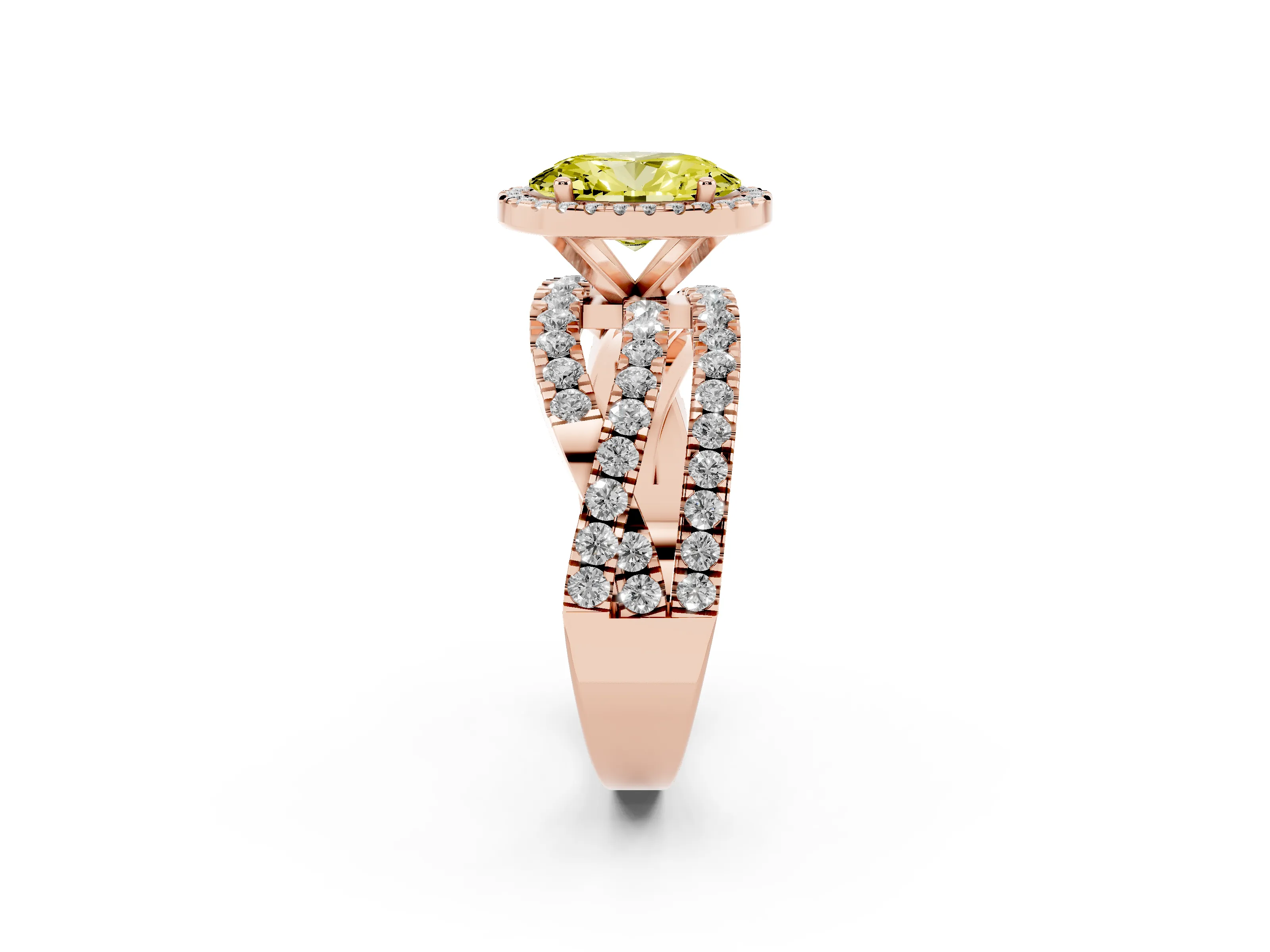 Fancy Yellow Oval Cut Diamond Halo Ring Set in Rose gold with Round Crossover Split Shank and Prong Setting