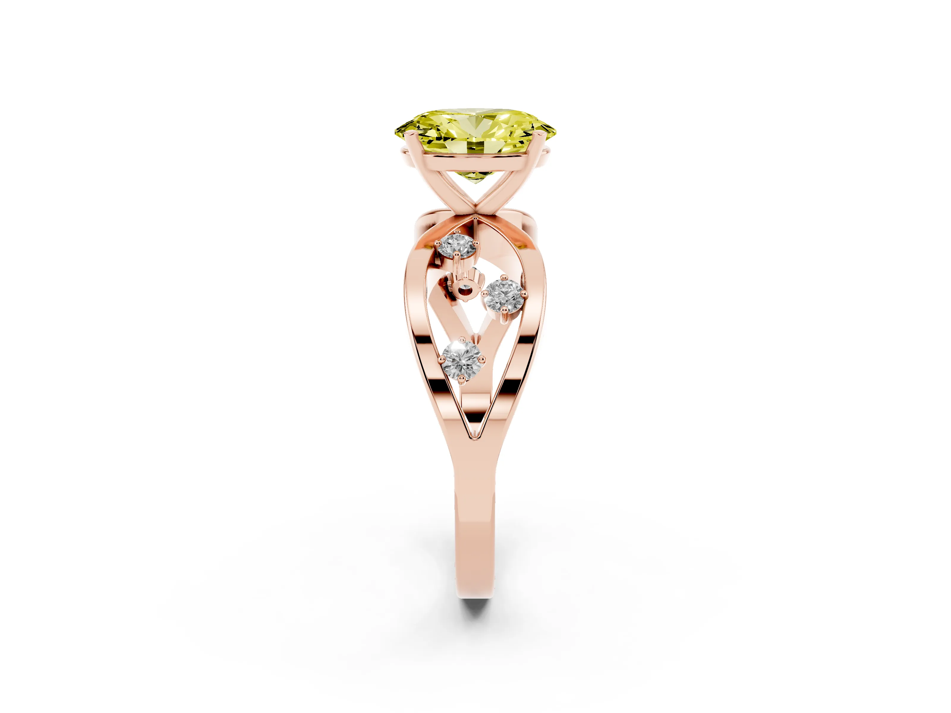 Fancy Yellow Oval Cut Diamond Solitaire Ring Set in Rose gold with Side Stones on Criss-Cross Band and Prong Setting