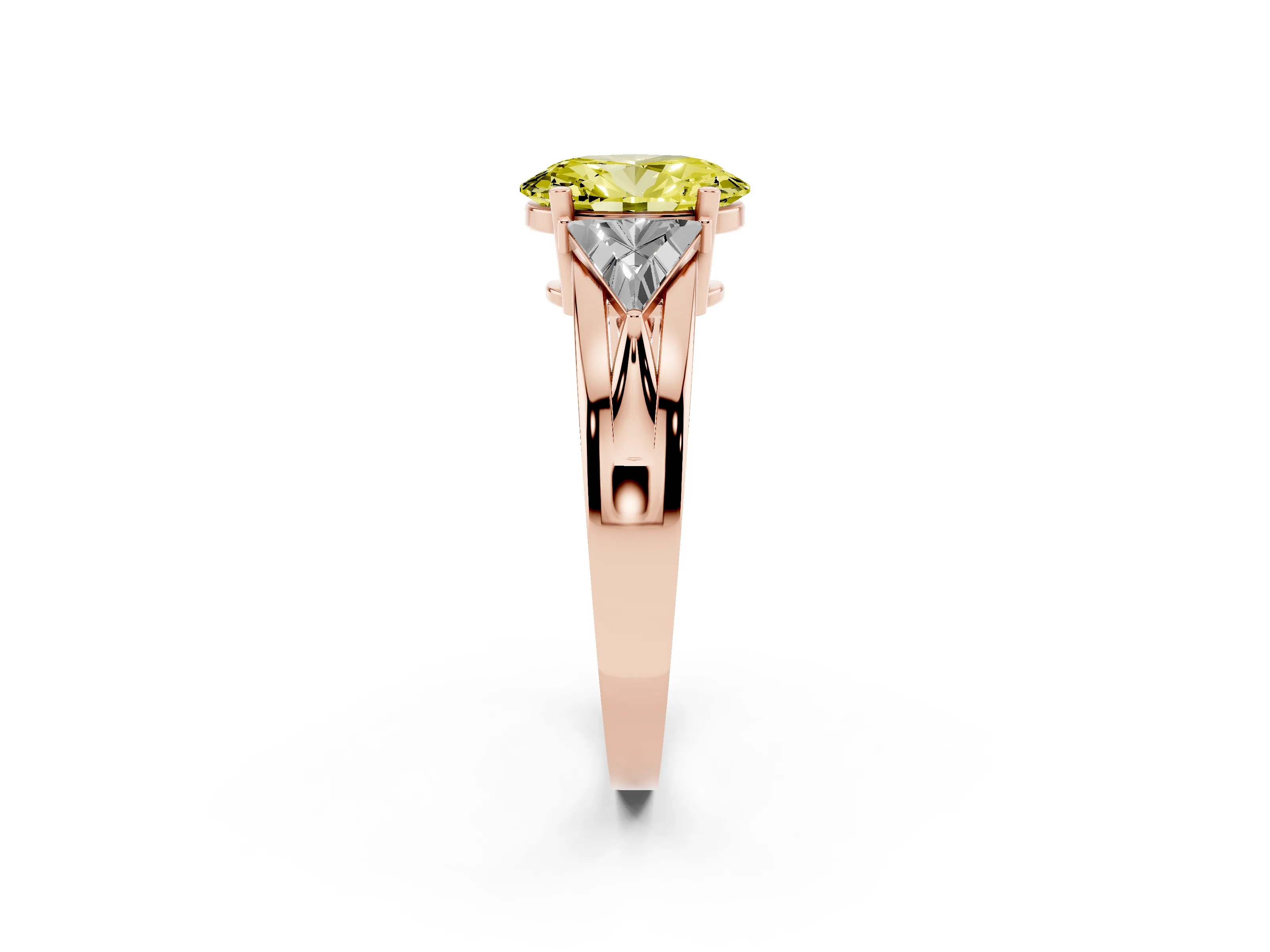 Fancy Yellow Oval Cut Diamond Three-Stone Ring Set in Rose gold with Trillion Side Stones and Split Shank