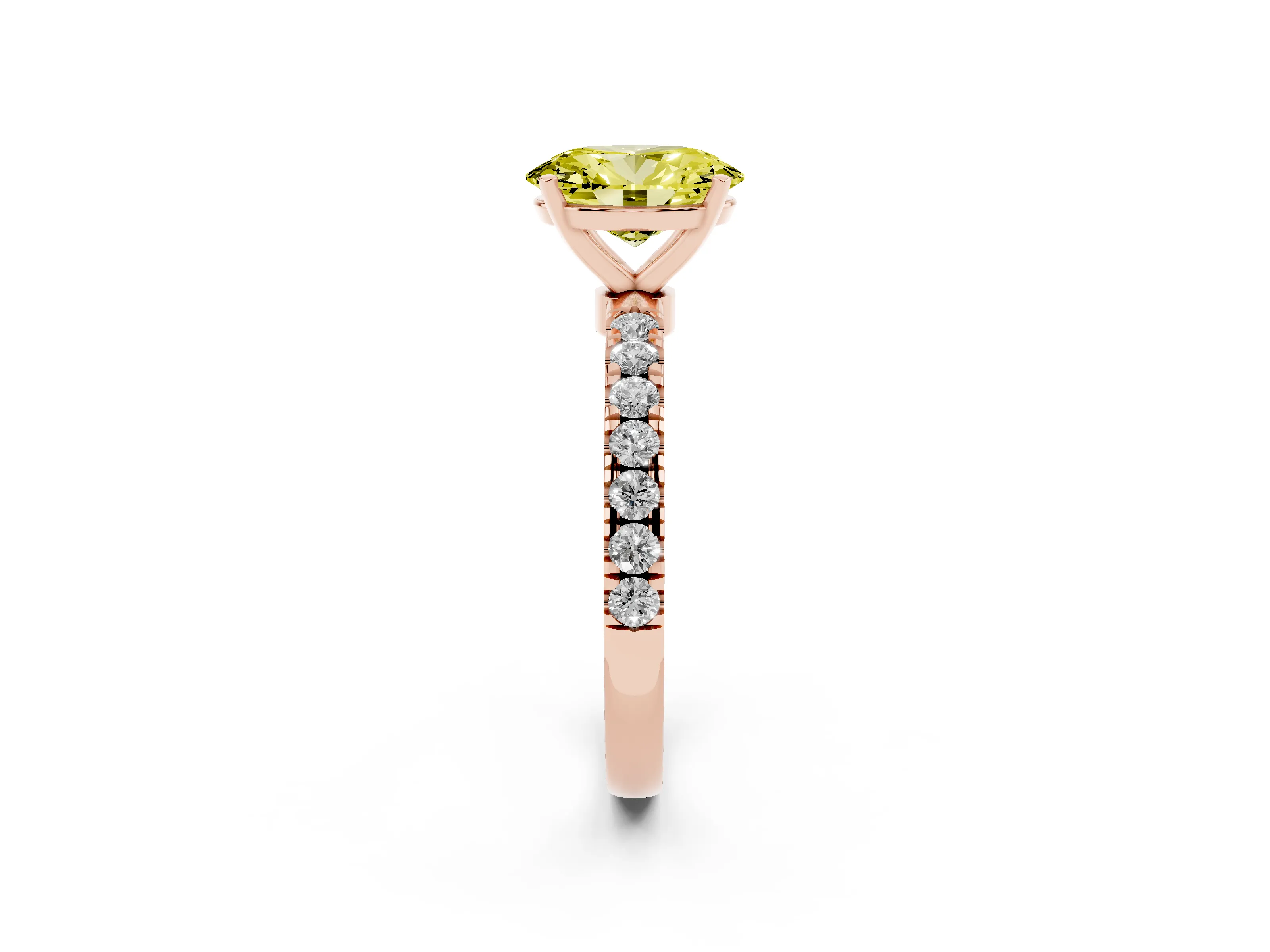 Fancy Yellow Oval Cut Diamond Solitaire Ring Set in Rose gold with Pavé Accents and Prong Setting