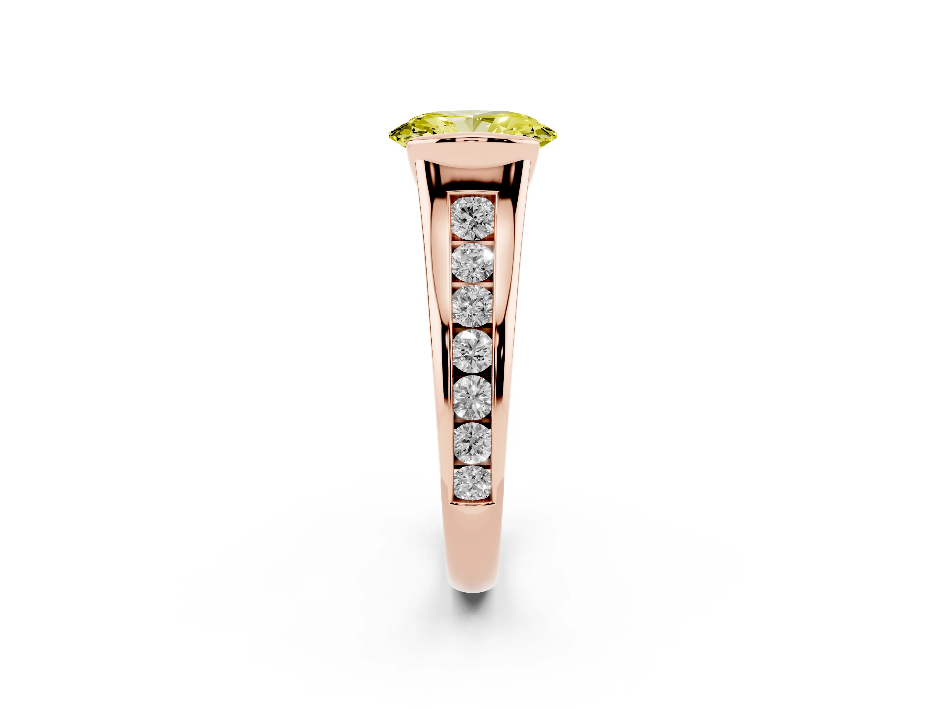 Fancy Yellow Oval Cut Diamond Bezel-Set Solitaire Ring Set in Rose gold with Channel-Set Band