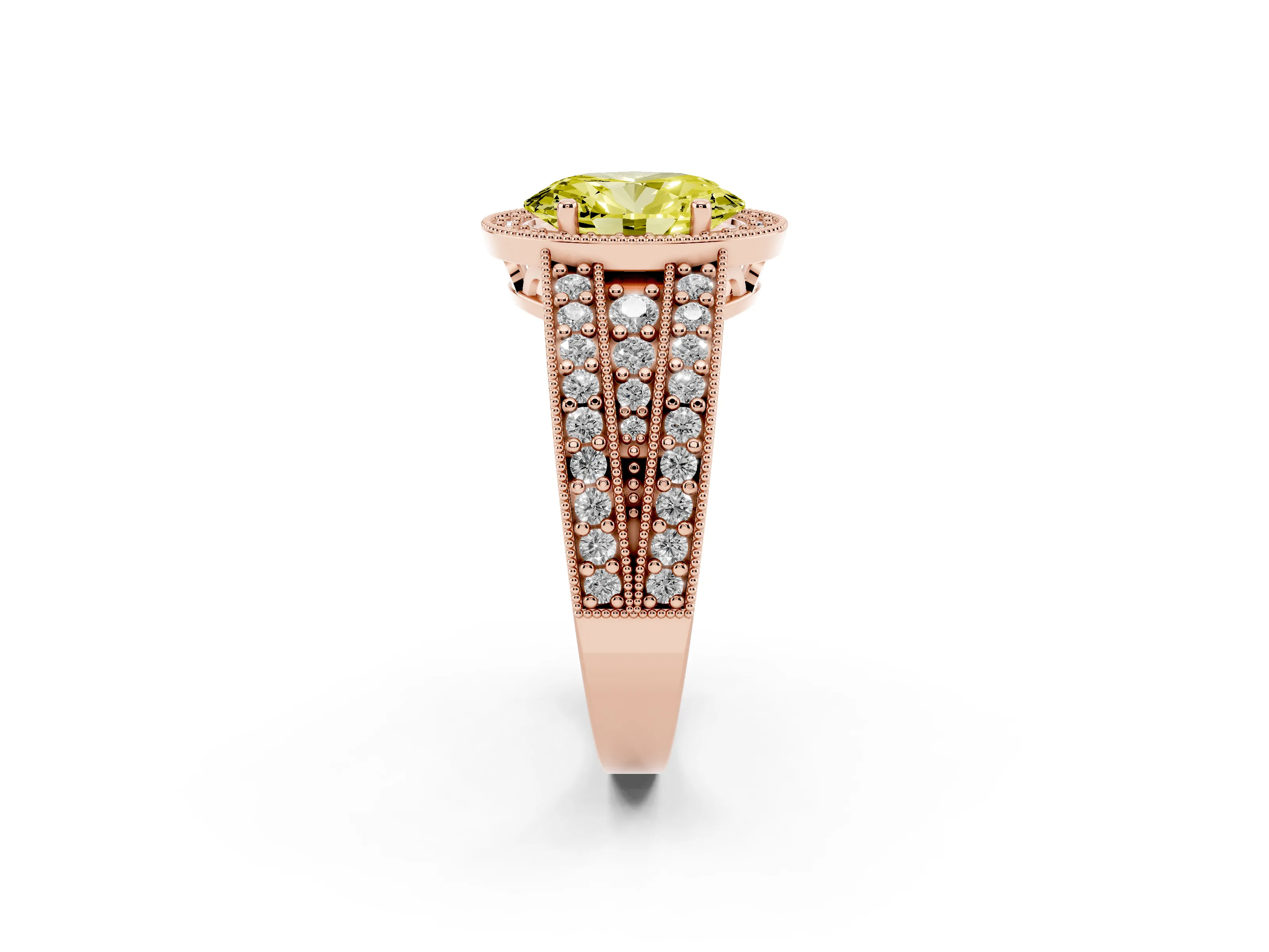 Fancy Yellow Oval Cut Diamond Halo Ring Set in Rose gold with Accent Split Shank and Prong Setting
