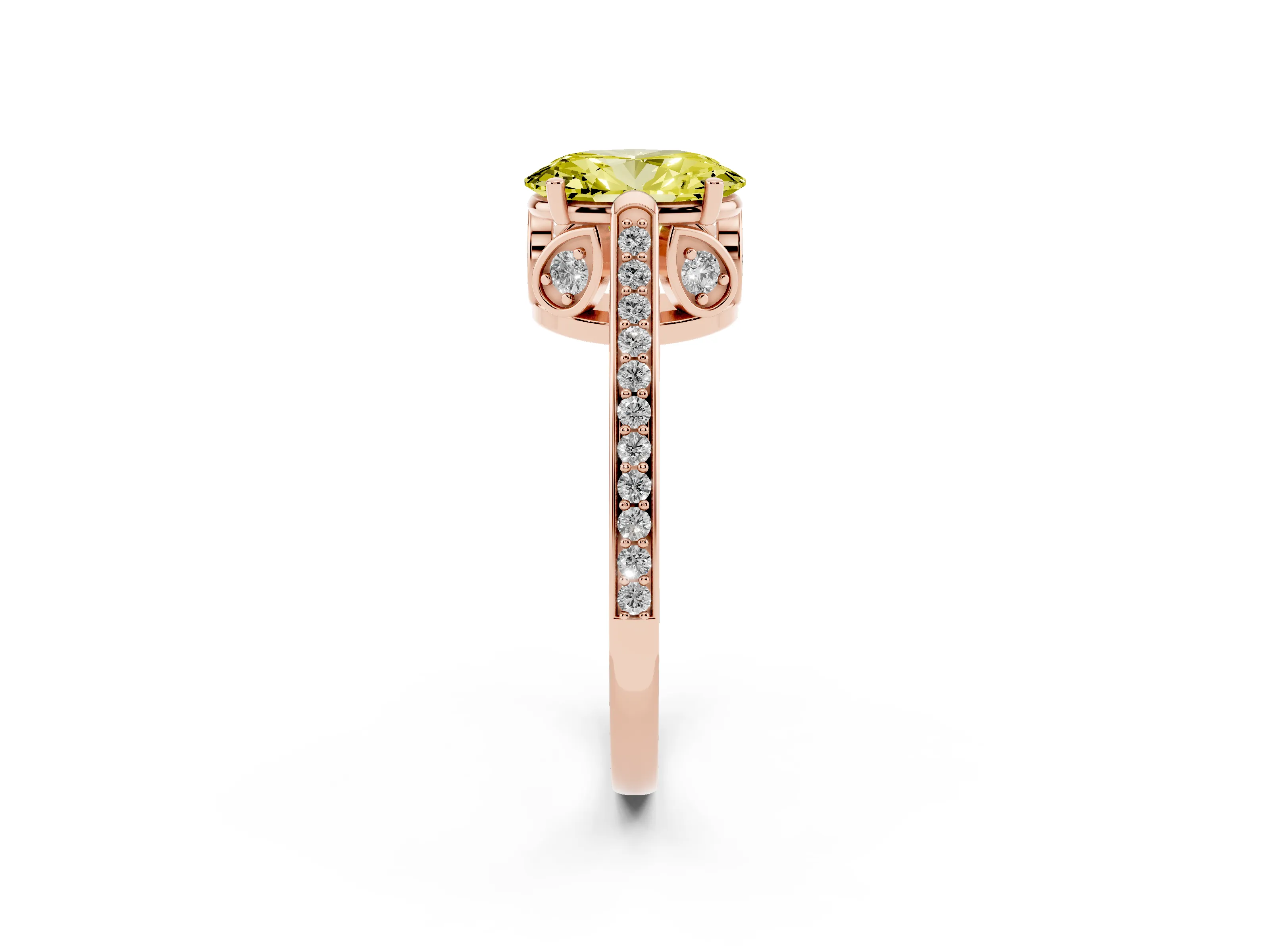 Fancy Yellow Oval Cut Diamond Cathedral Pavé Engagement Ring Set in Rose gold with Prong Setting