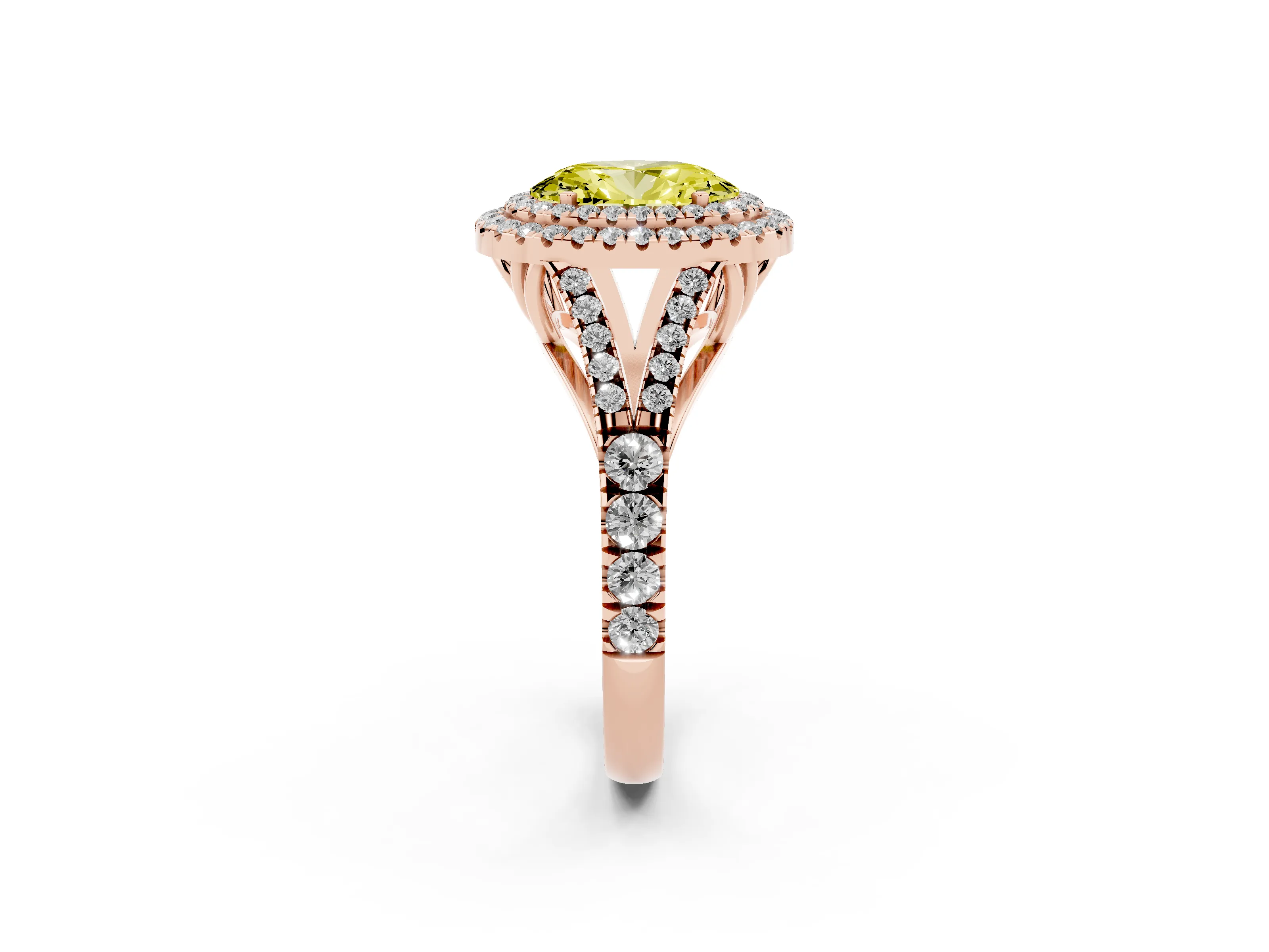 Fancy Yellow Oval Cut Diamond Pavé Split Shank Double Halo Engagement Ring Set in Rose gold