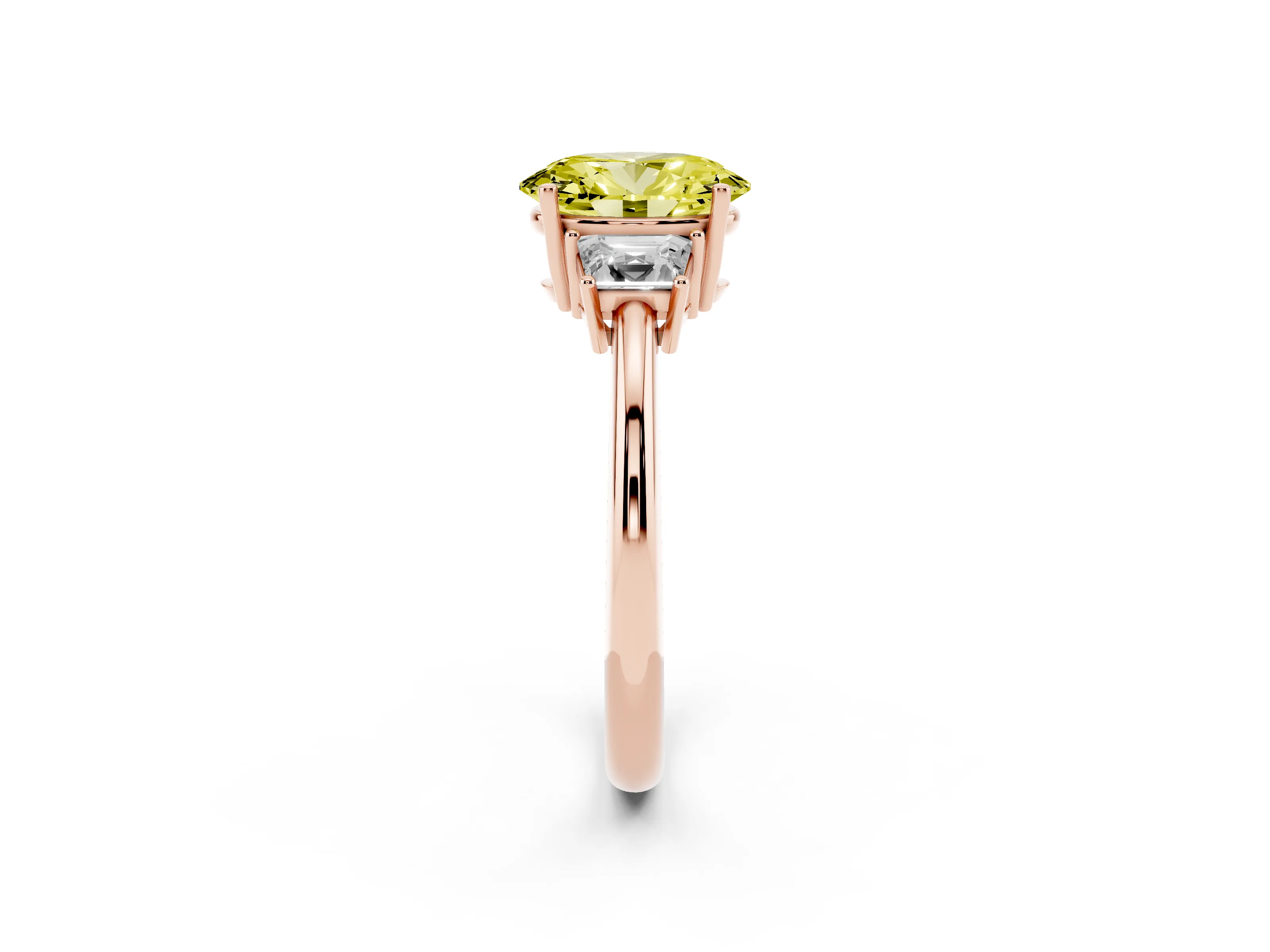 Fancy Yellow Oval Cut Diamond Three-Stone Ring Set in Rose gold with Trapezoid Side Stones and Prong Setting