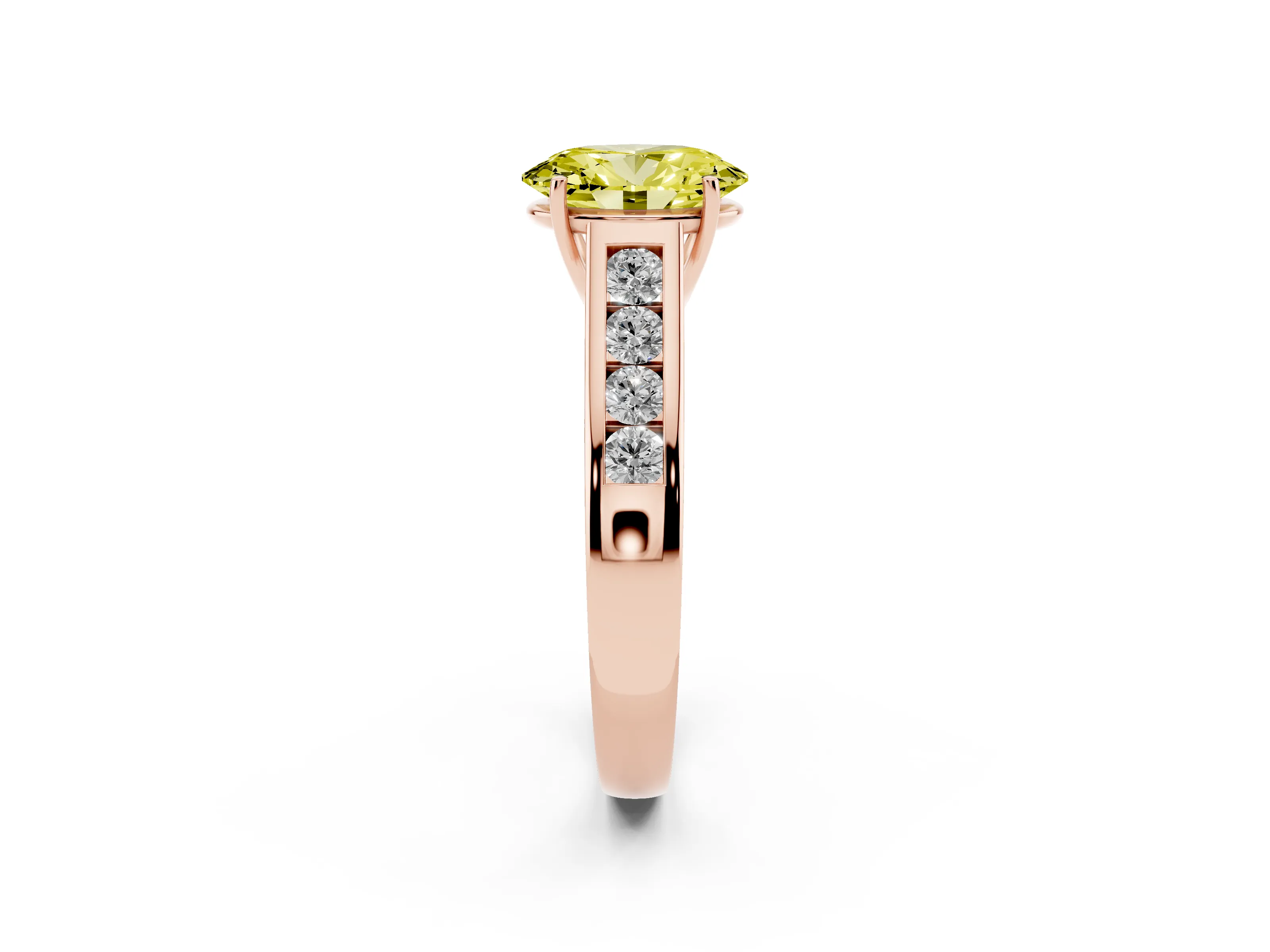 Fancy Yellow Oval Cut Diamond Solitaire Channel-Set Engagement Ring Set in Rose gold with Prong Setting