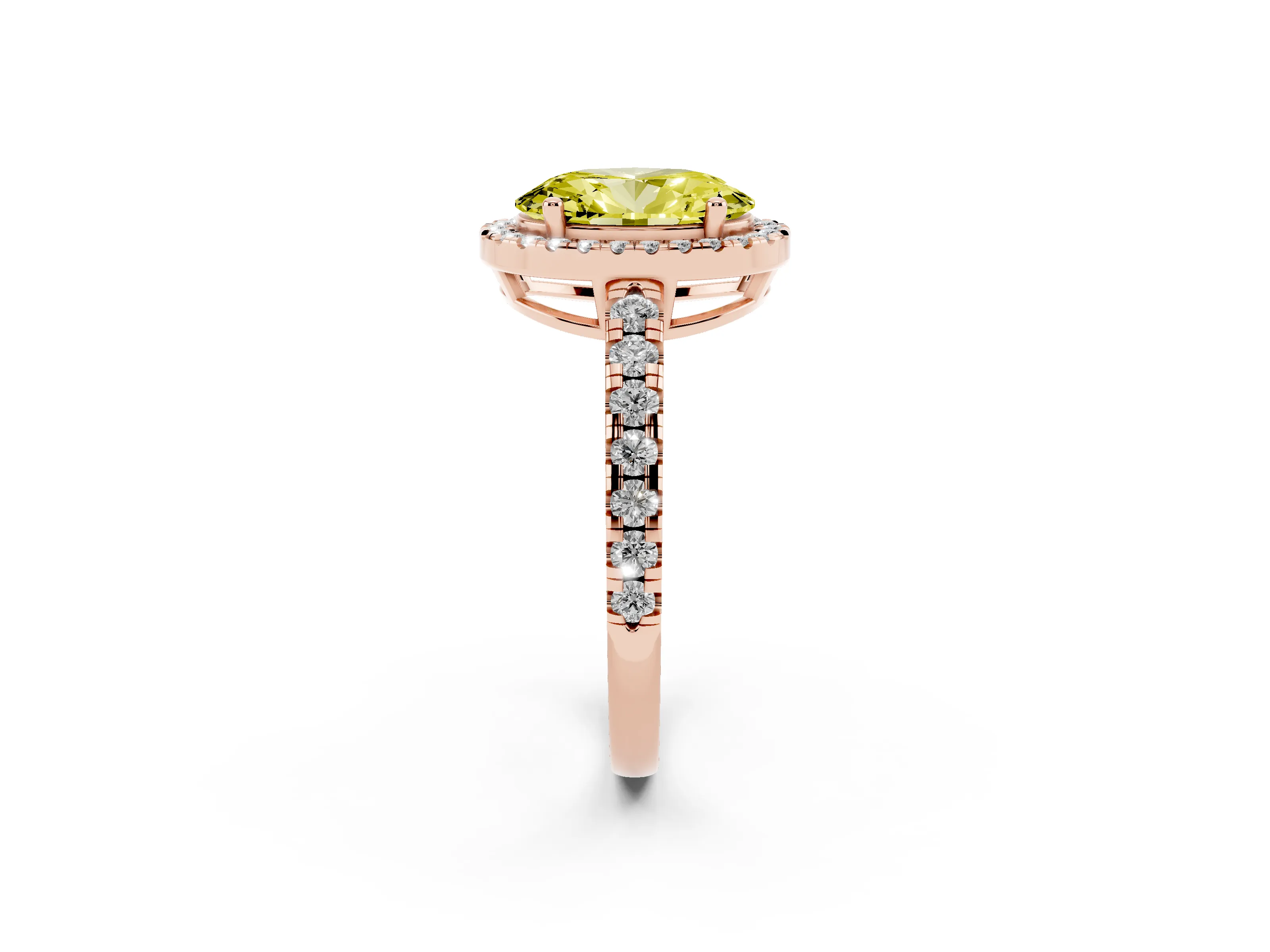 Fancy Yellow Oval Cut Diamond Halo Ring Set in Rose gold with Delicate Pavé Band and Prong Setting