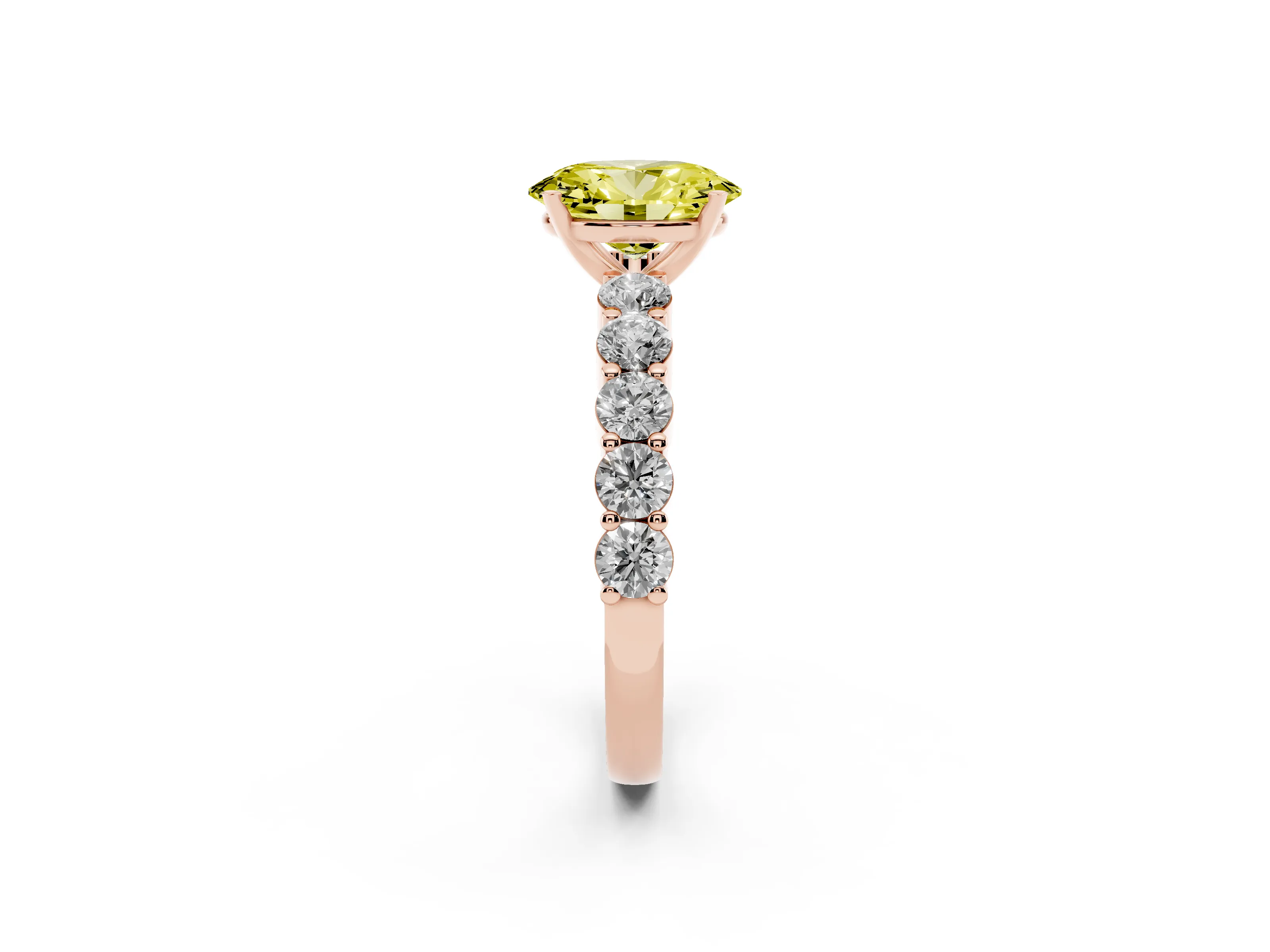 Fancy Yellow Oval Cut Diamond Solitaire Ring Set in Rose gold with Shared Prong Round Side Stones