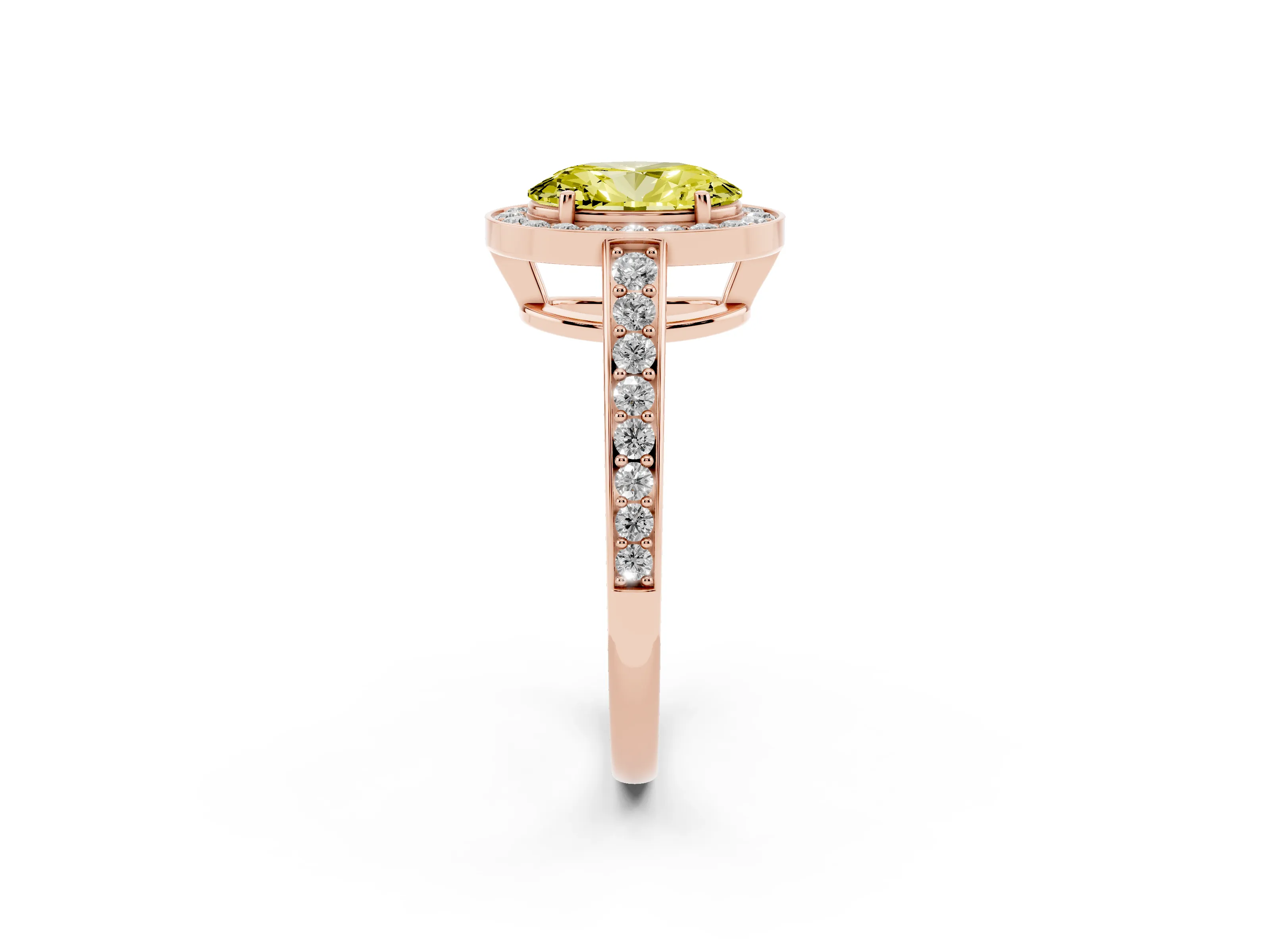 Fancy Yellow Oval Cut Diamond Halo Pavé Engagement Ring Set in Rose gold with Bezel Setting