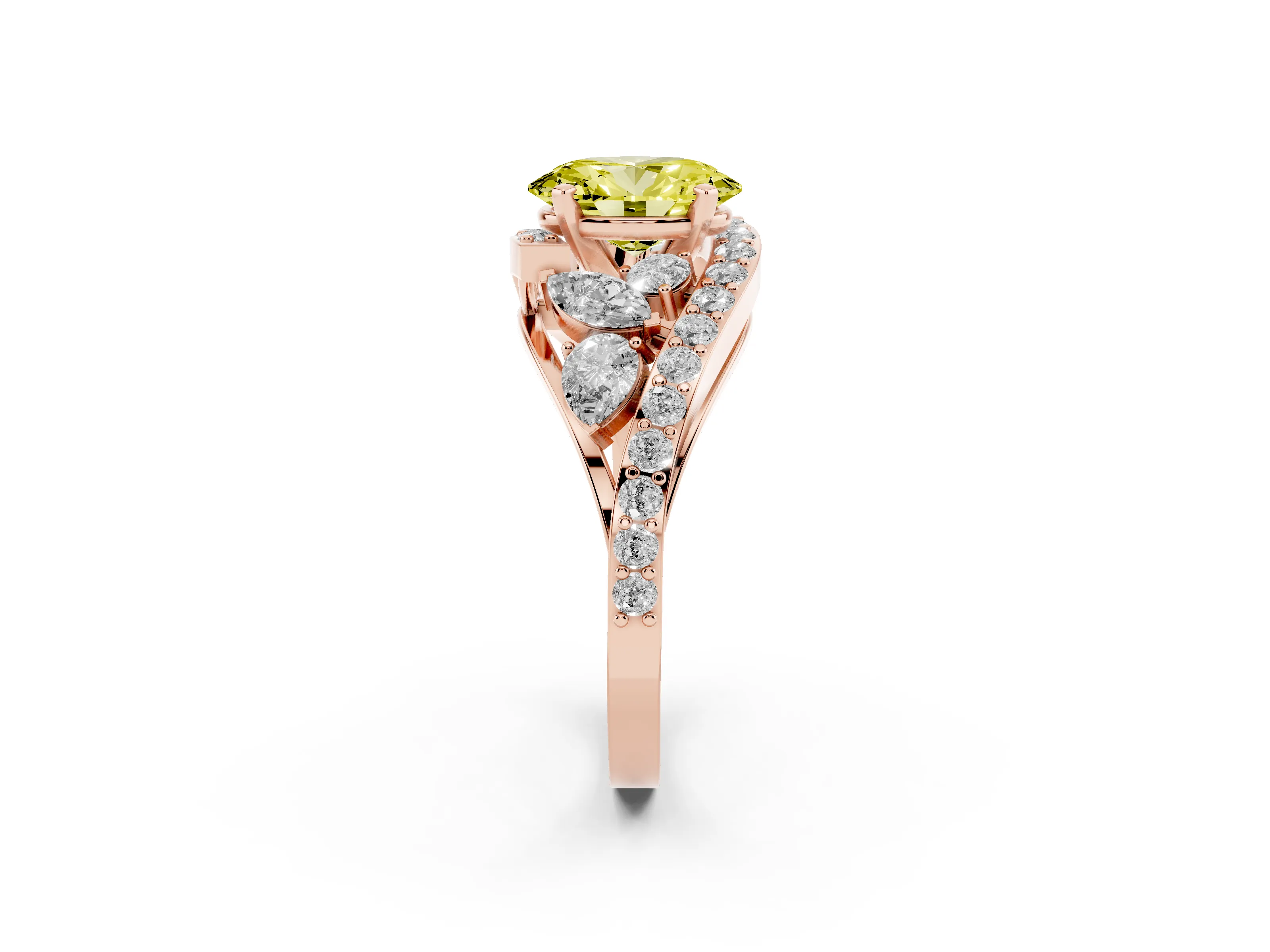 Fancy Yellow Oval Cut Diamond Halo Ring Set in Rose gold with Marquise and Pavé Band in Prong Setting