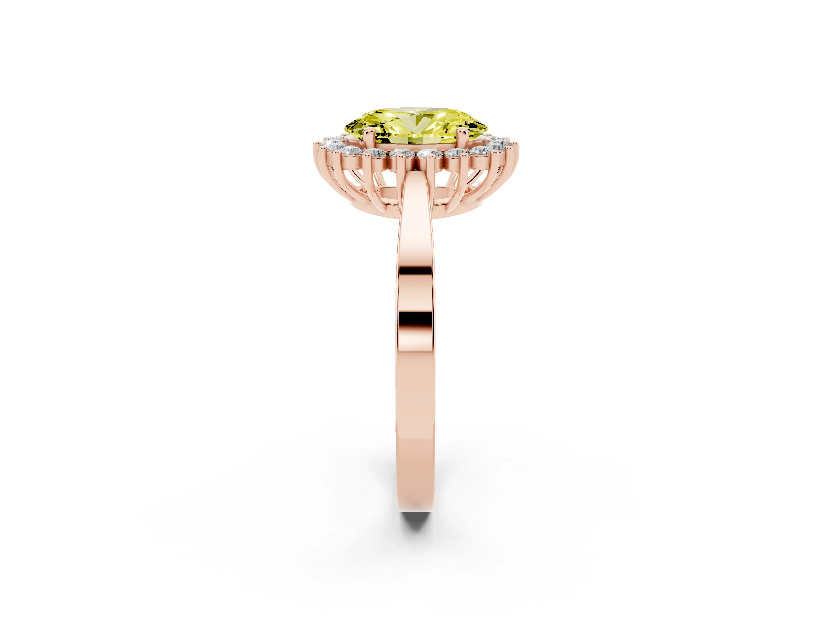 Fancy Yellow Oval Cut Diamond Halo Ring Set in Rose gold with Round Halo and Smooth Solitaire Band