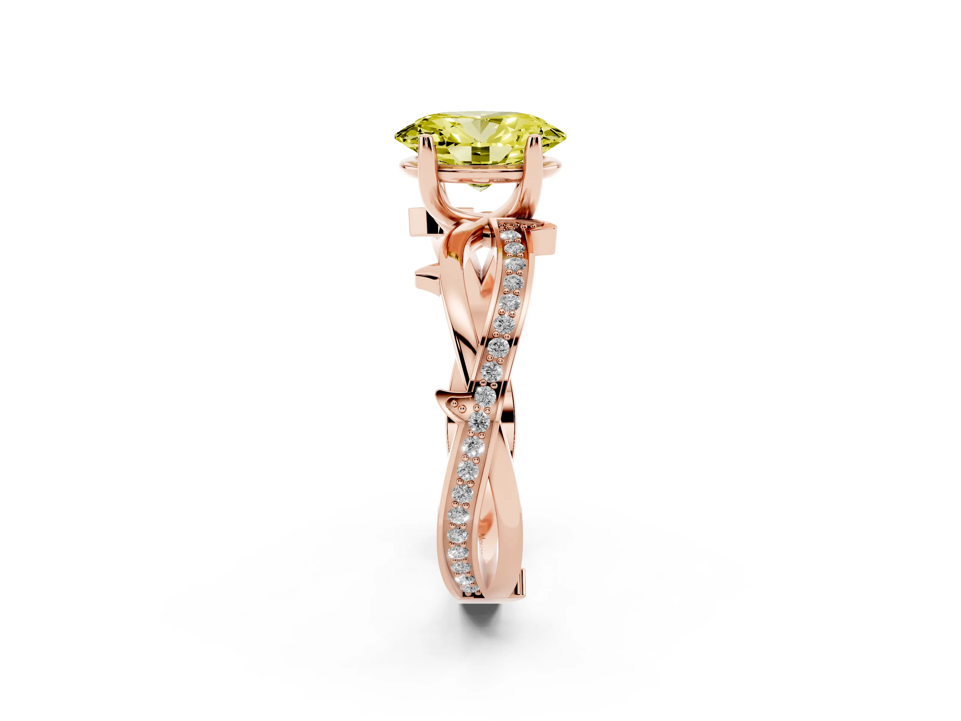 Fancy Yellow Oval Cut Diamond Pavé Twist Band Solitaire Ring Set in Rose gold with Prong Setting