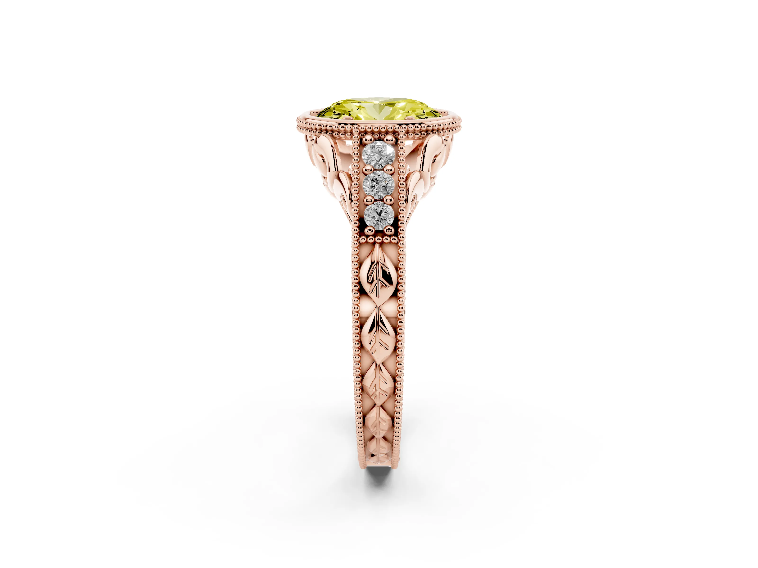 Fancy Yellow Bezel Set Oval Cut Diamond Milgrain Pavé Engagement Ring Set in Rose gold