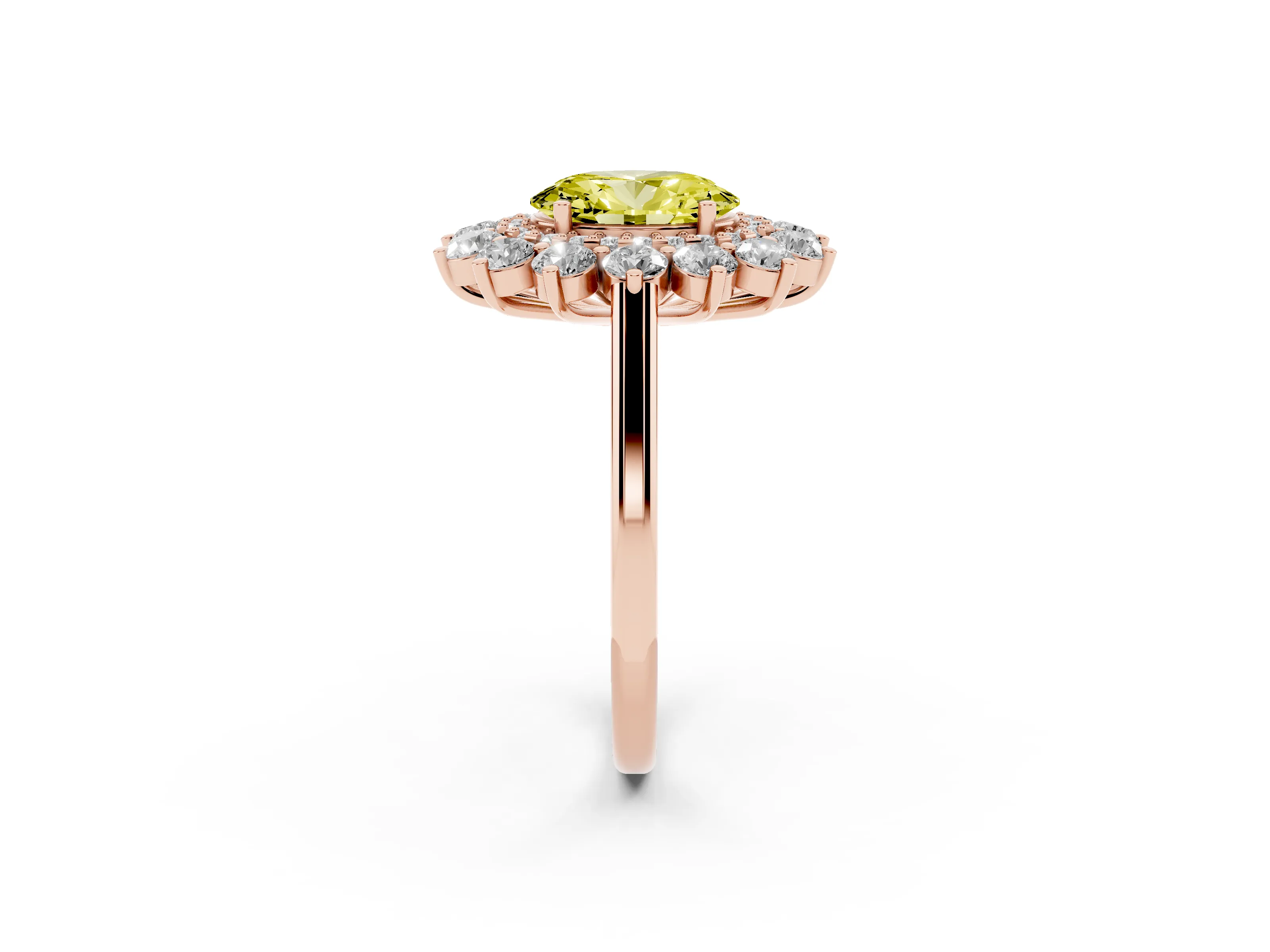 Fancy Yellow Oval Cut Diamond Floral Double Halo Ring Set in Rose gold with Round Petals