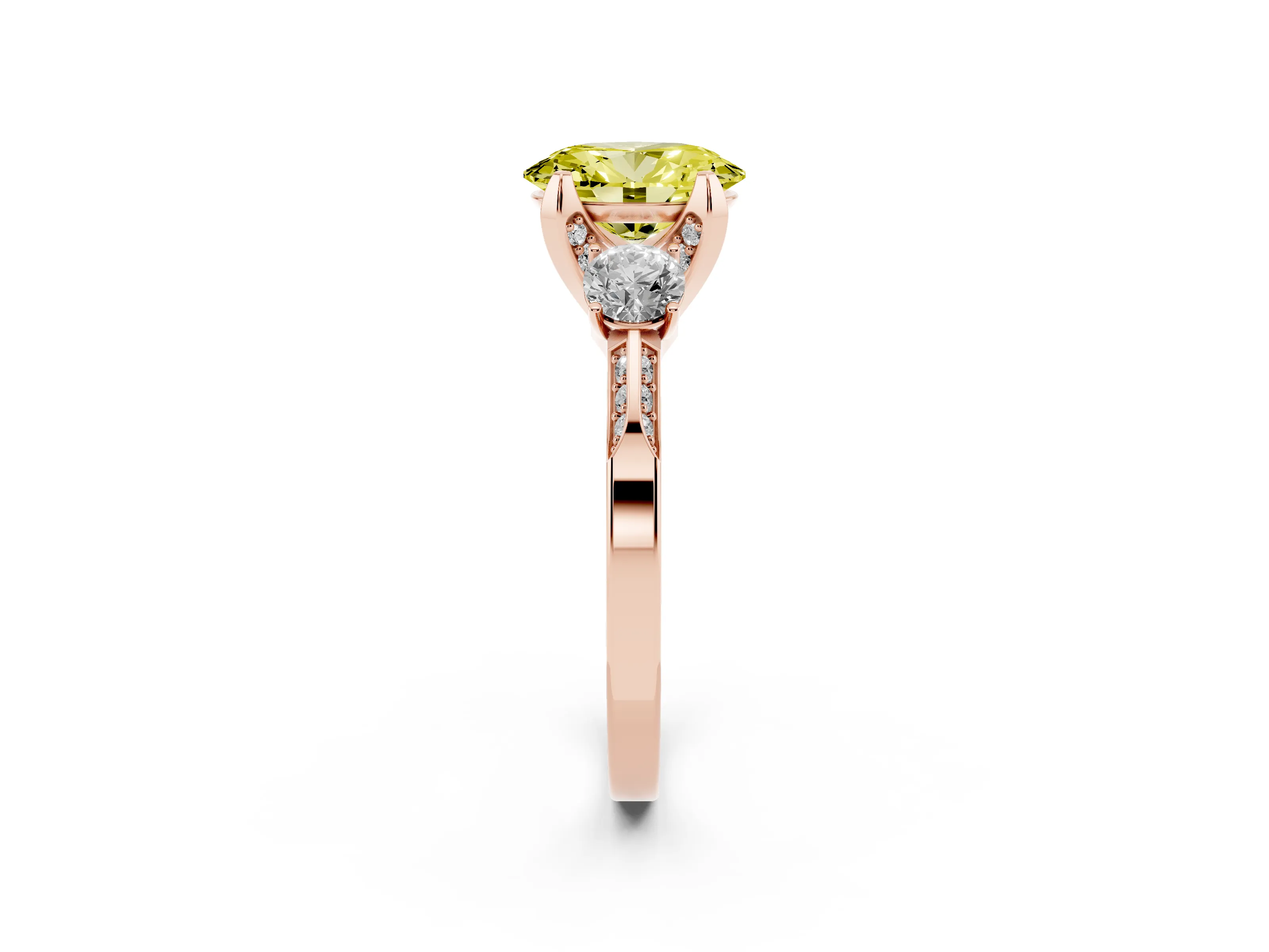 Fancy Yellow Oval Cut Diamond Three-Stone Ring Set in Rose gold with Pavé Band and Smaller Side Stones