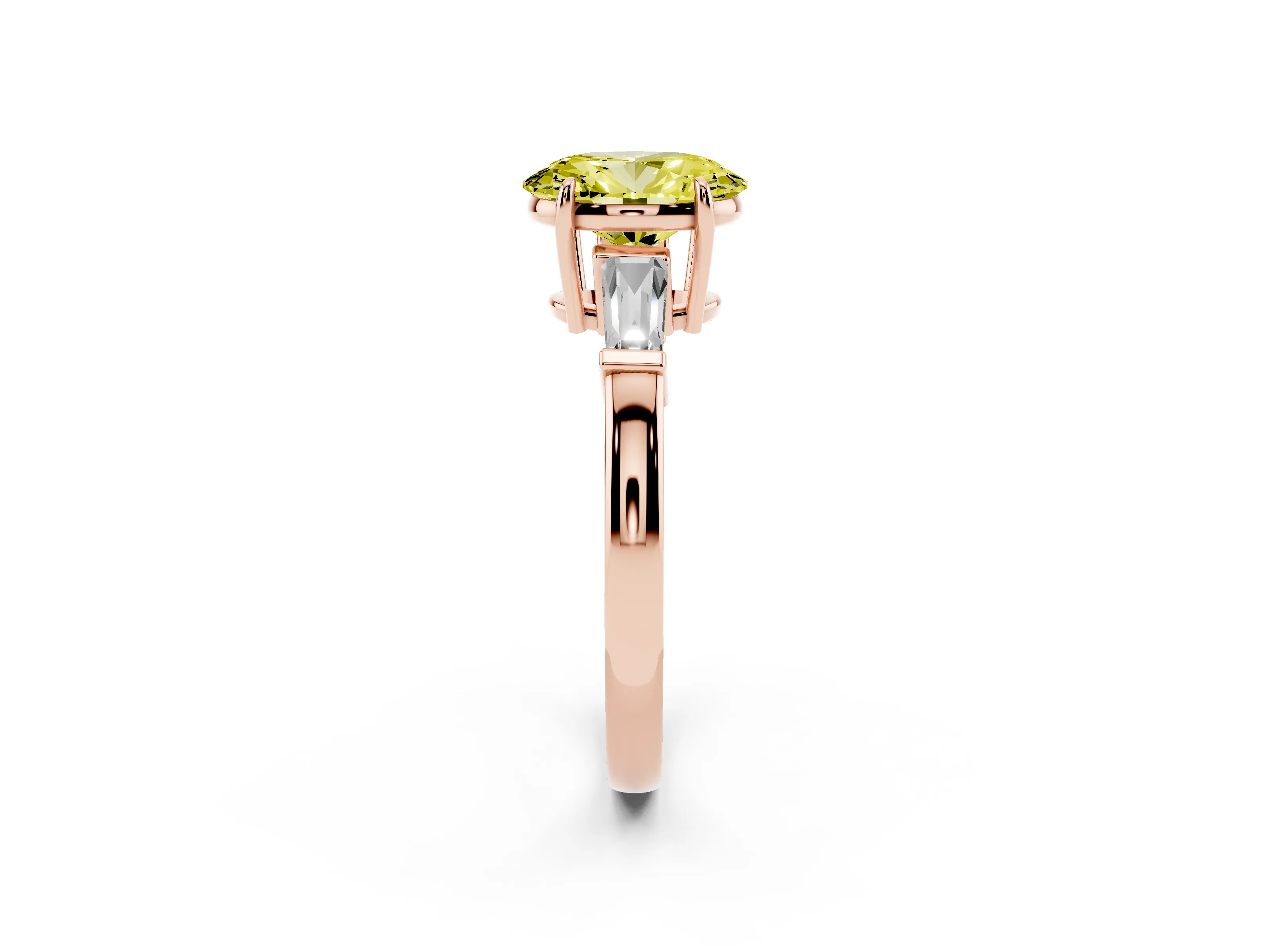 Fancy Yellow Oval Cut Diamond Three-Stone Ring Set in Rose gold with Tapered Baguette Side Stones and Prong Setting