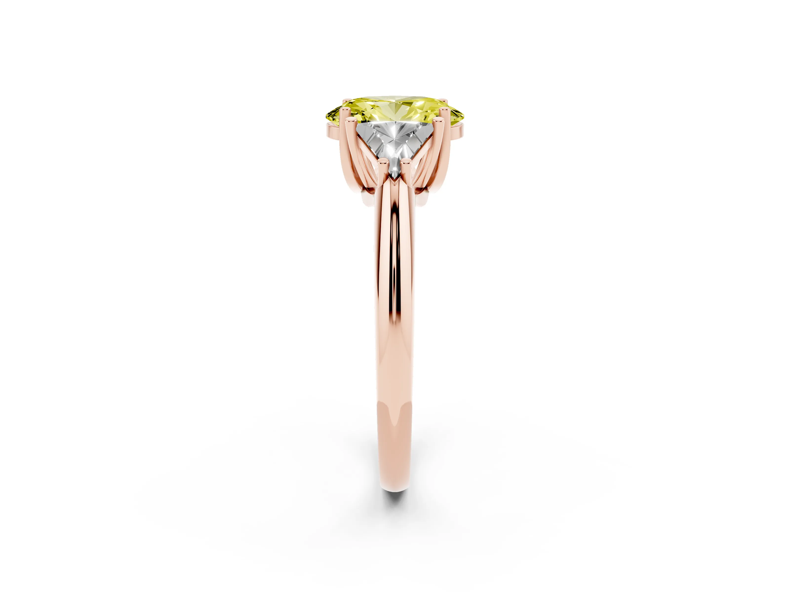 Fancy Yellow Oval Cut Diamond Three-Stone Engagement Ring Set in Rose gold with Trillion Side Stones