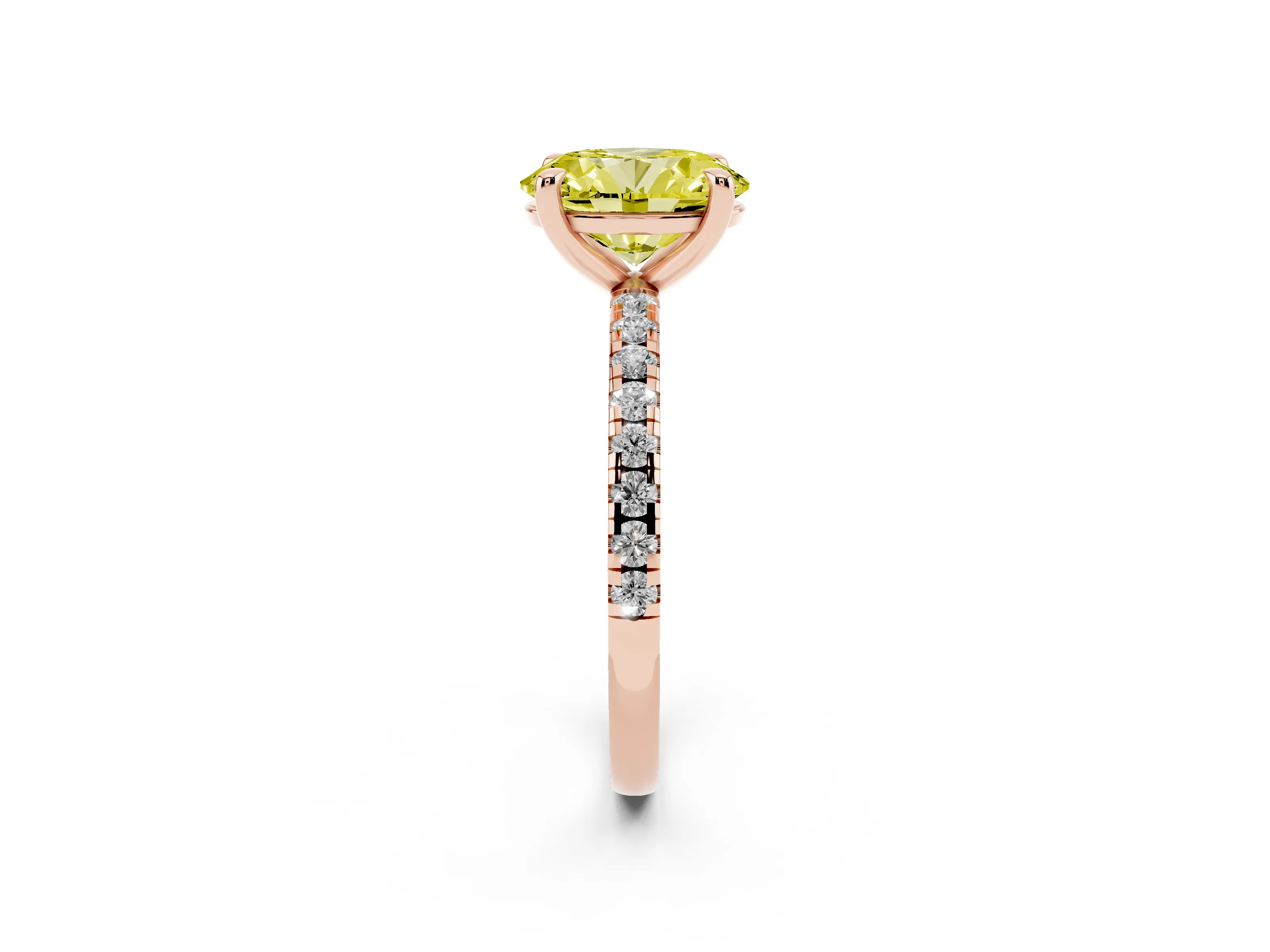 Fancy Yellow Oval Cut Diamond Brilliant Solitaire Ring Set in Rose gold with Pavé Band and Prong Setting