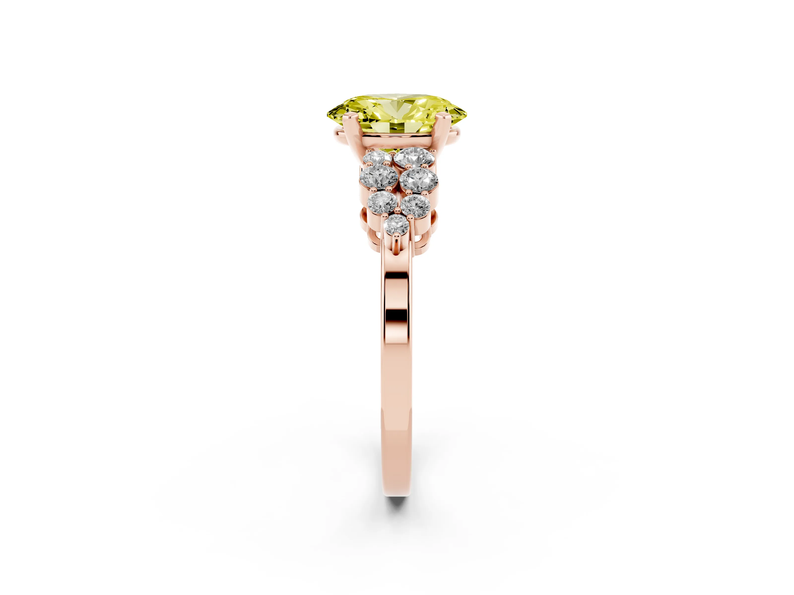 Fancy Yellow Oval Cut Diamond Cluster Engagement Ring Set in Rose gold with Pavé Band and Prong Setting