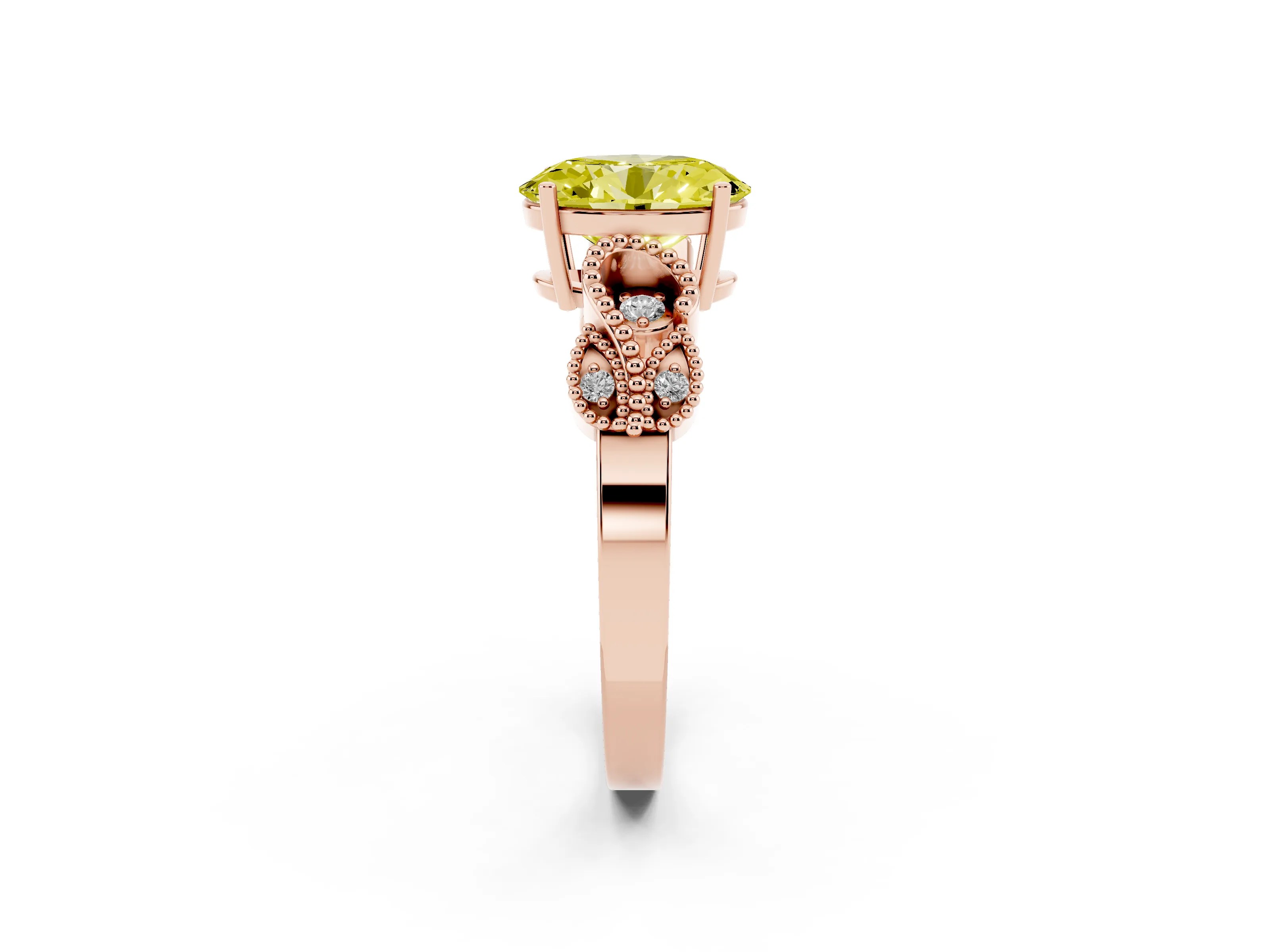 Fancy Yellow Oval Cut Diamond Milgrain Leaf Band Solitaire Ring Set in Rose gold with Accent Stones and Prong Setting