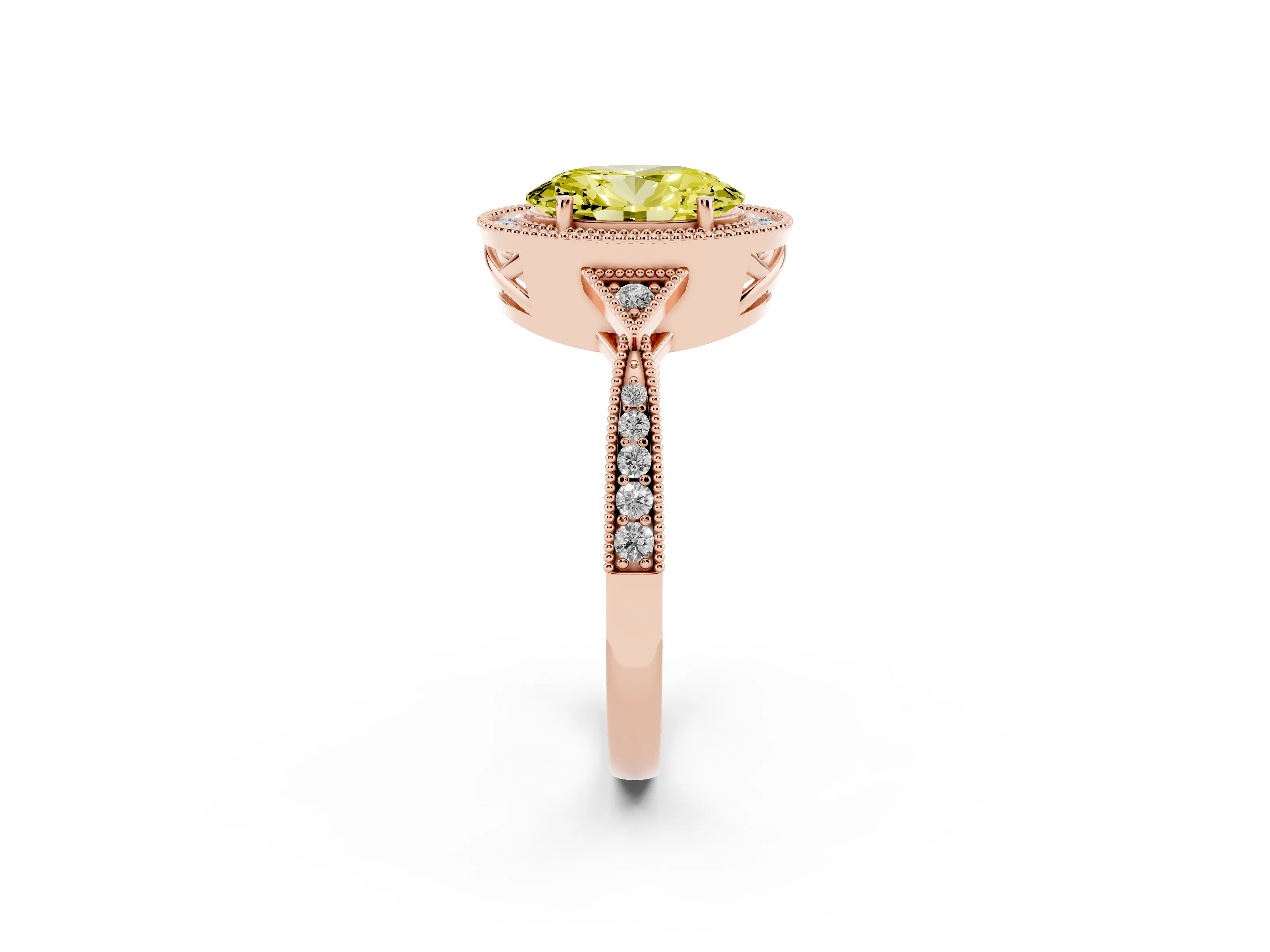 Fancy Yellow Oval Cut Diamond Halo Engagement Ring Set in Rose gold with Milgrain Pavé Band