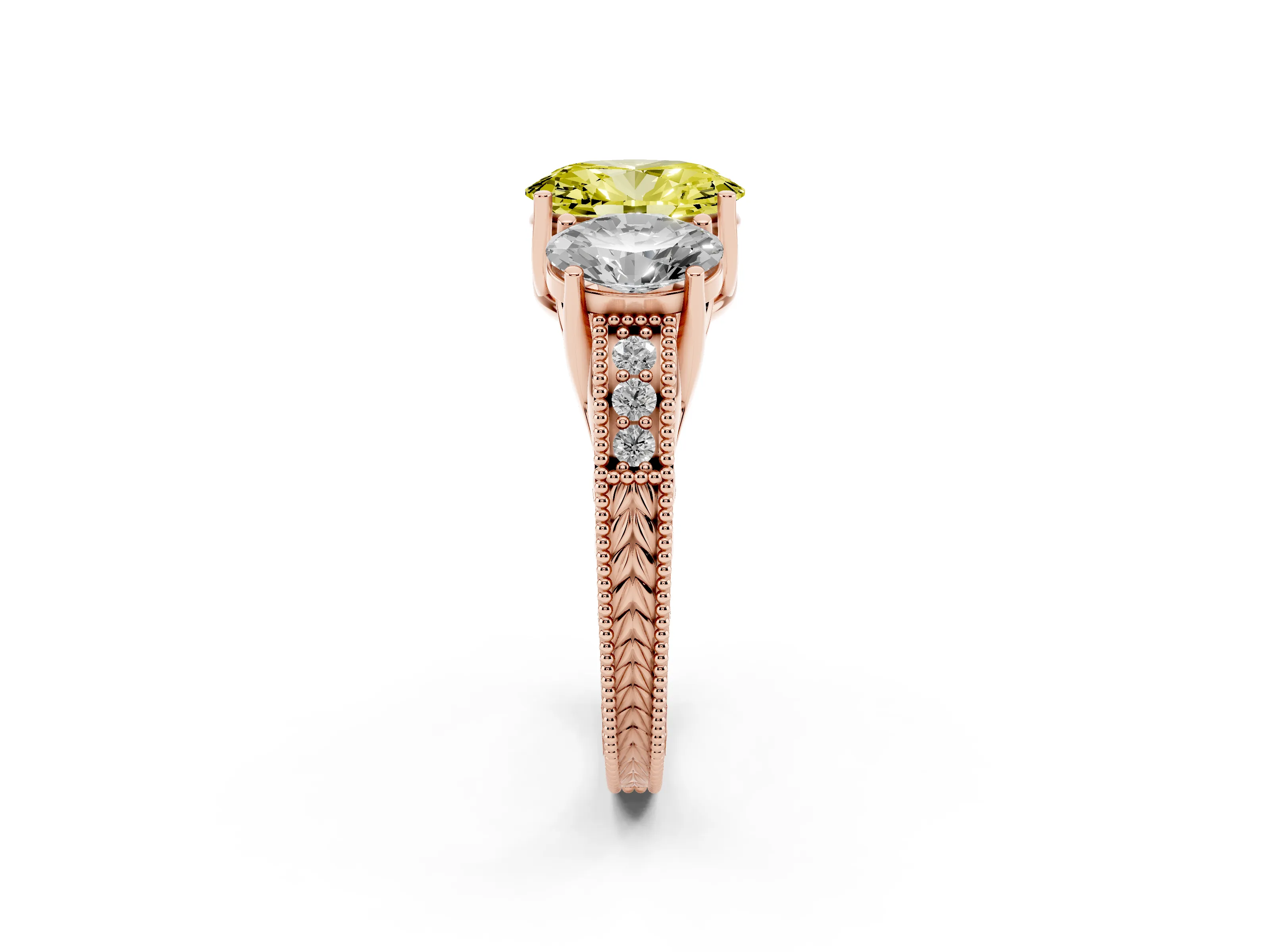 Fancy Yellow Oval Cut Diamond Three-Stone Engagement Ring Set in Rose gold with Milgrain Pavé Band
