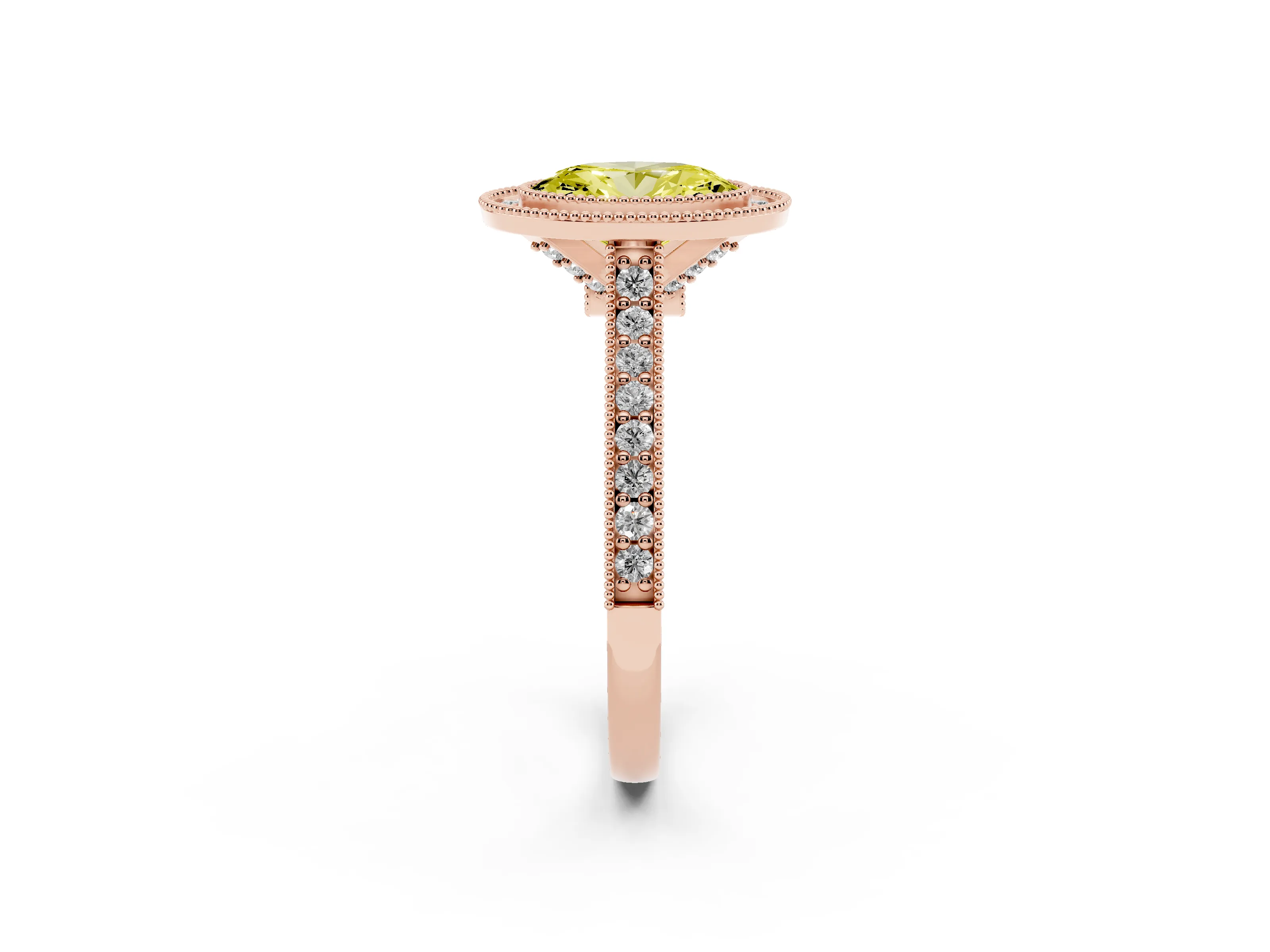 Fancy Yellow Oval Cut Diamond Halo Milgrain Pavé Band Ring Set in Rose gold with Prong Setting