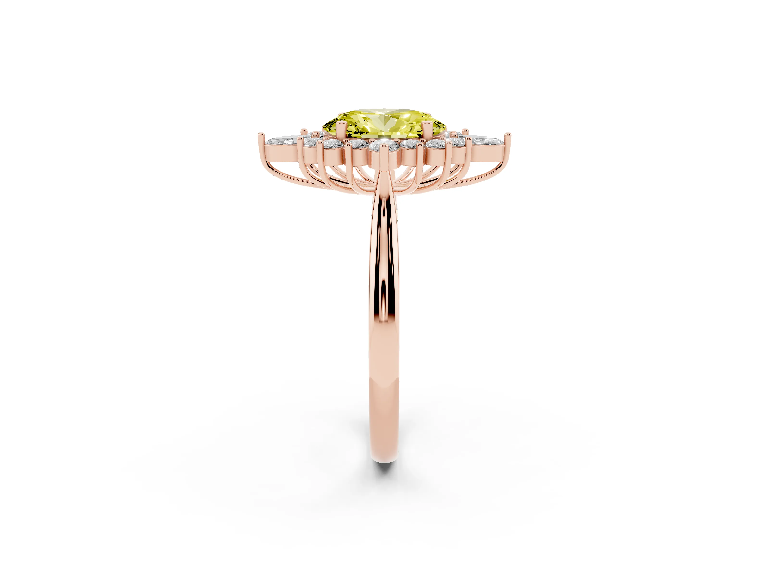 Fancy Yellow Oval Cut Diamond Cluster Halo Ring Set in Rose gold with Marquise and Round Accents