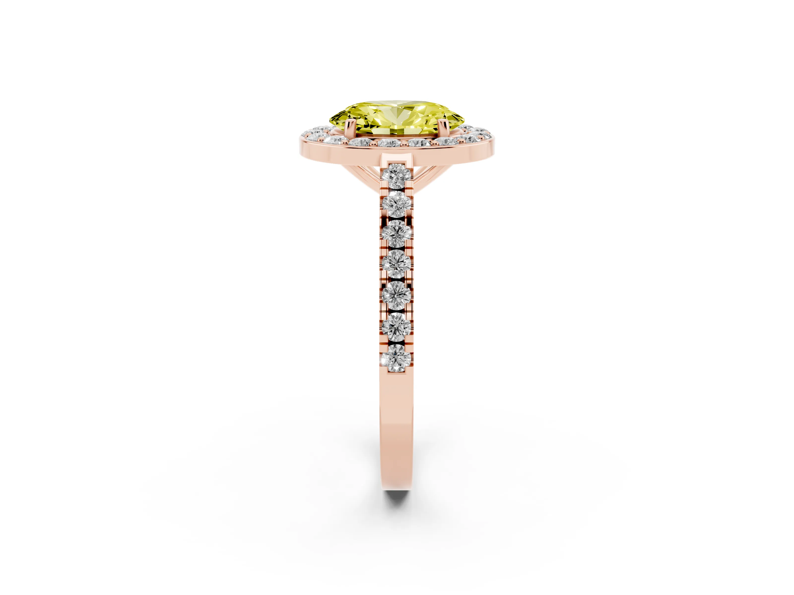 Fancy Yellow Oval Cut Diamond Halo Ring Set in Rose gold with Round Pavé Split Shank and Prong Setting