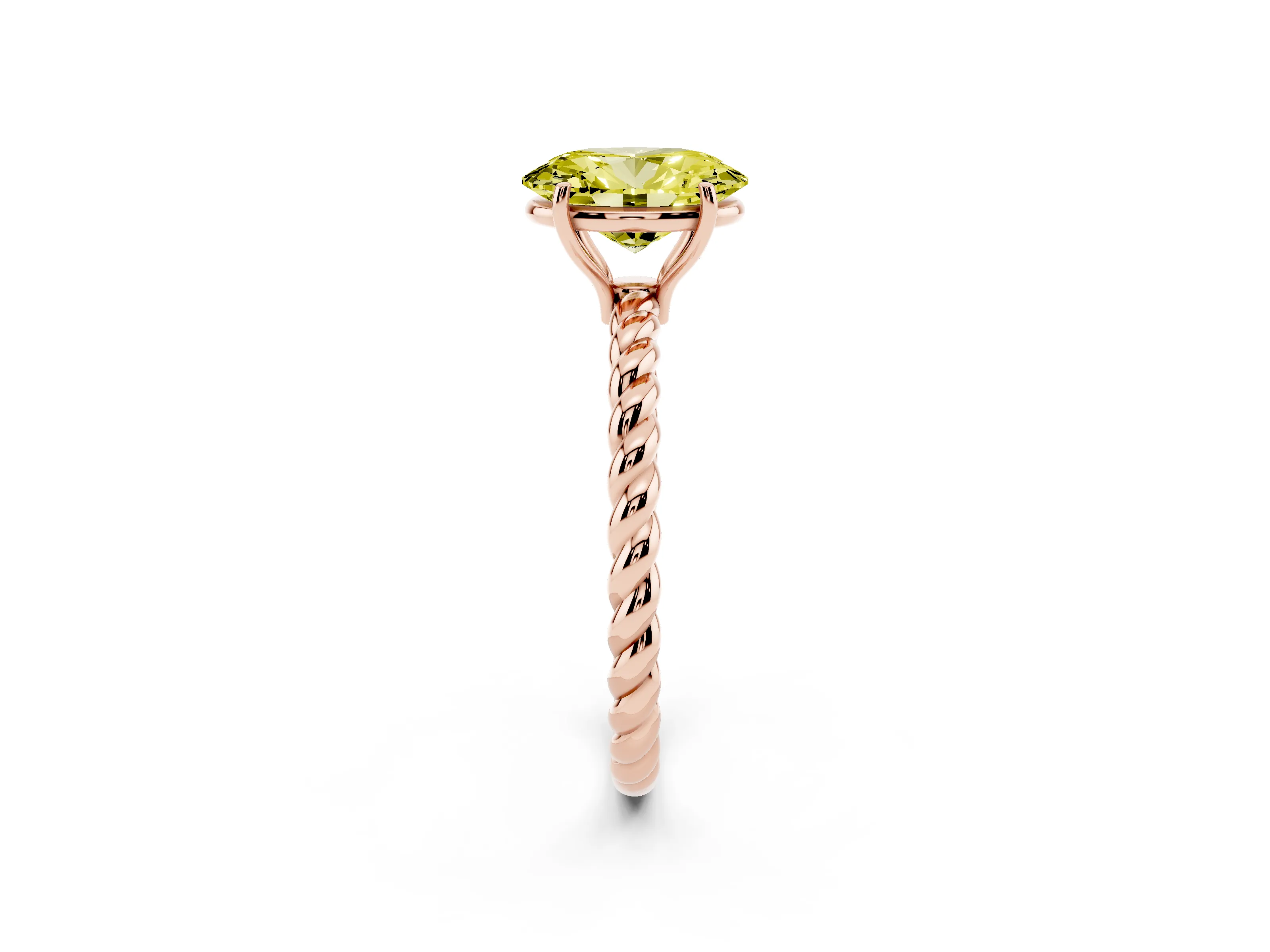 Fancy Yellow Oval Cut Diamond Solitaire Twisted Band Ring Set in Rose gold with Prong Solitaire Setting