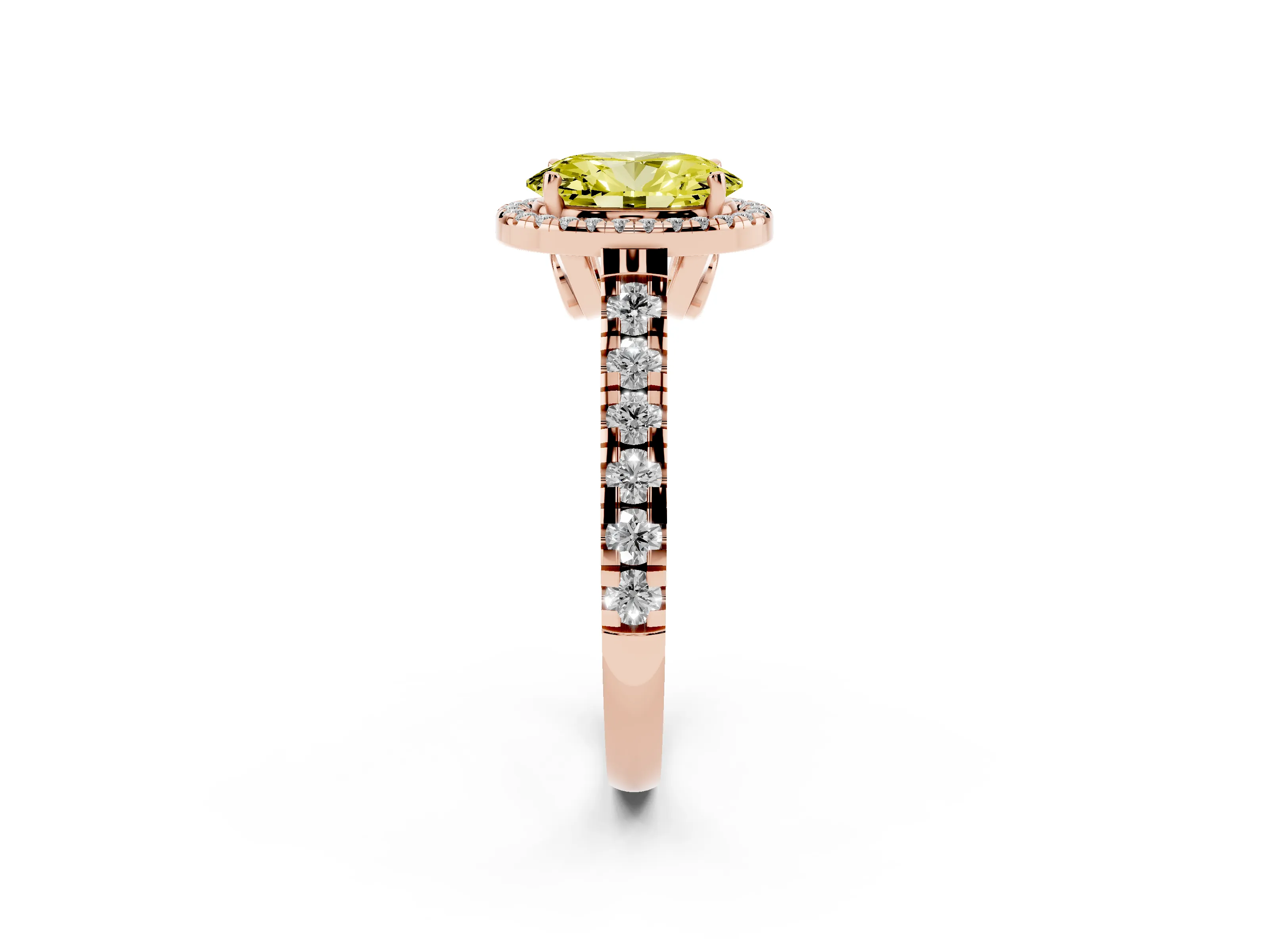 Fancy Yellow Oval Cut Diamond Halo Engagement Ring Set in Rose gold with Pavé Band and Prong-Set Center