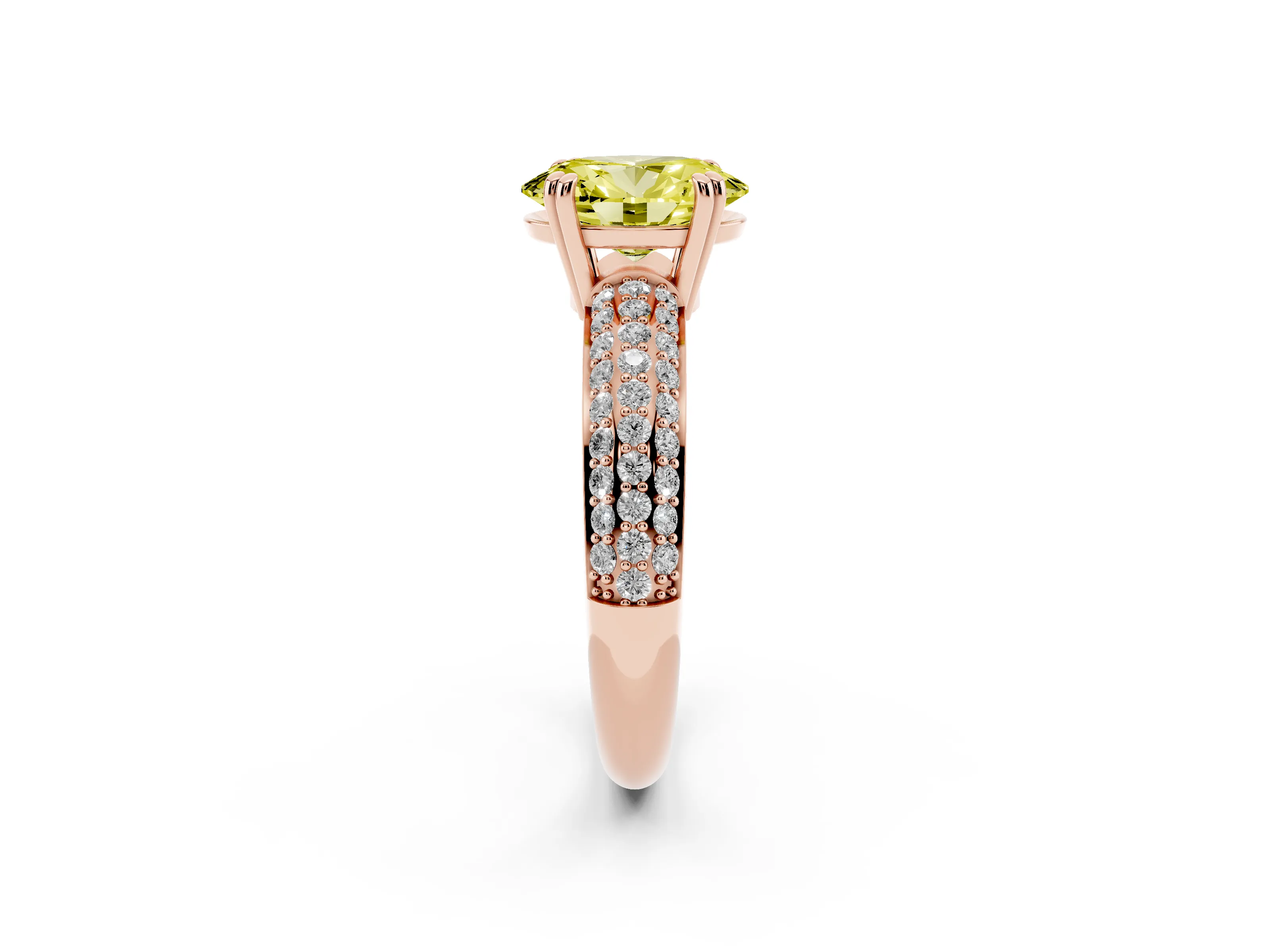 Fancy Yellow Oval Cut Diamond Solitaire Ring Set in Rose gold with Multi-Row Round Pavé Band and Prong Setting