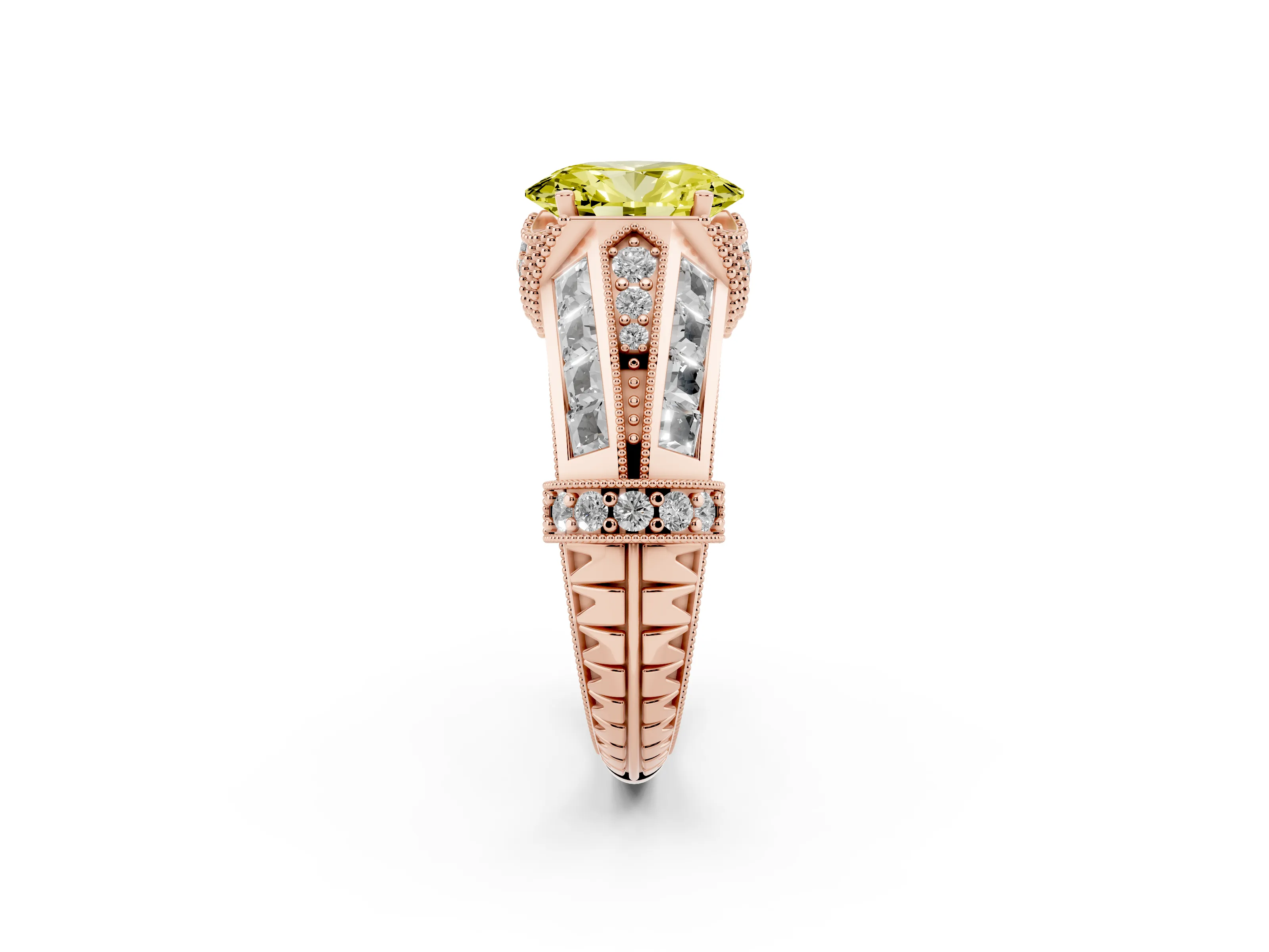 Fancy Yellow Oval Cut Diamond Vintage-Inspired Milgrain Ring Set in Rose gold with Accent Split Shank